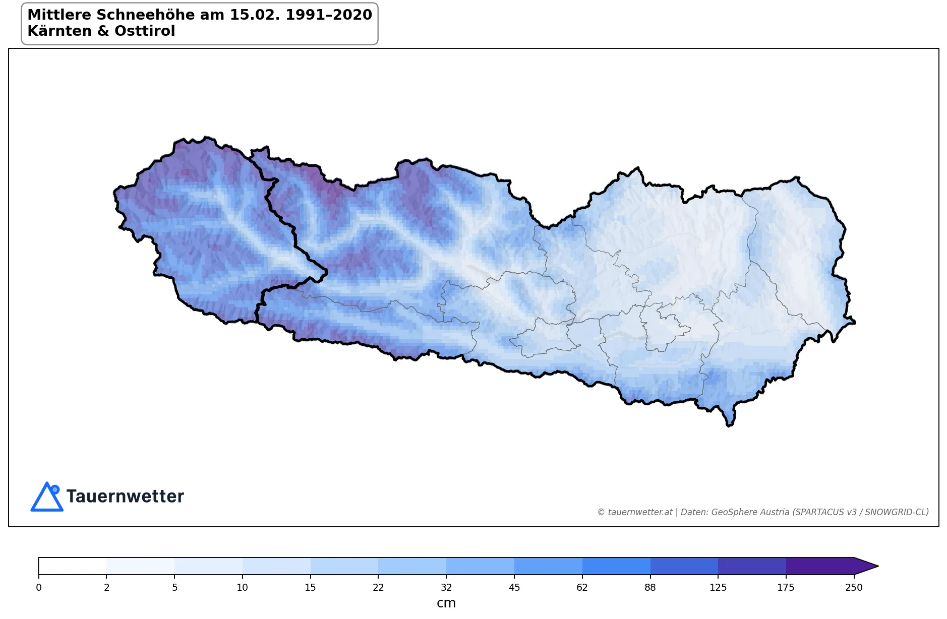 Klimakarte Schneehöhe am 15.02., Jahr 1991–2020 in Kärnten und Osttirol