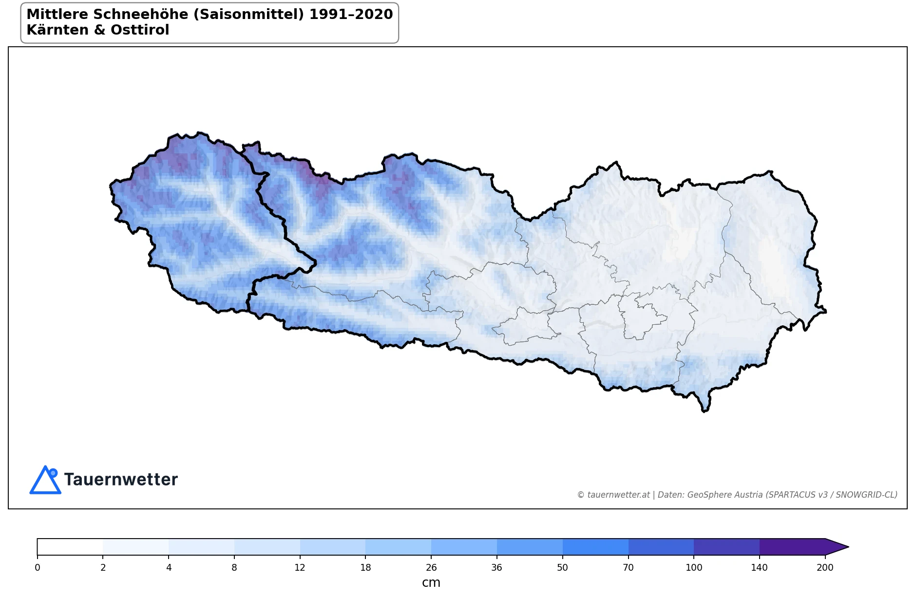 Klimakarte Mittlere Schneehöhe (Saisonmittel), Jahr 1991–2020 in Kärnten und Osttirol