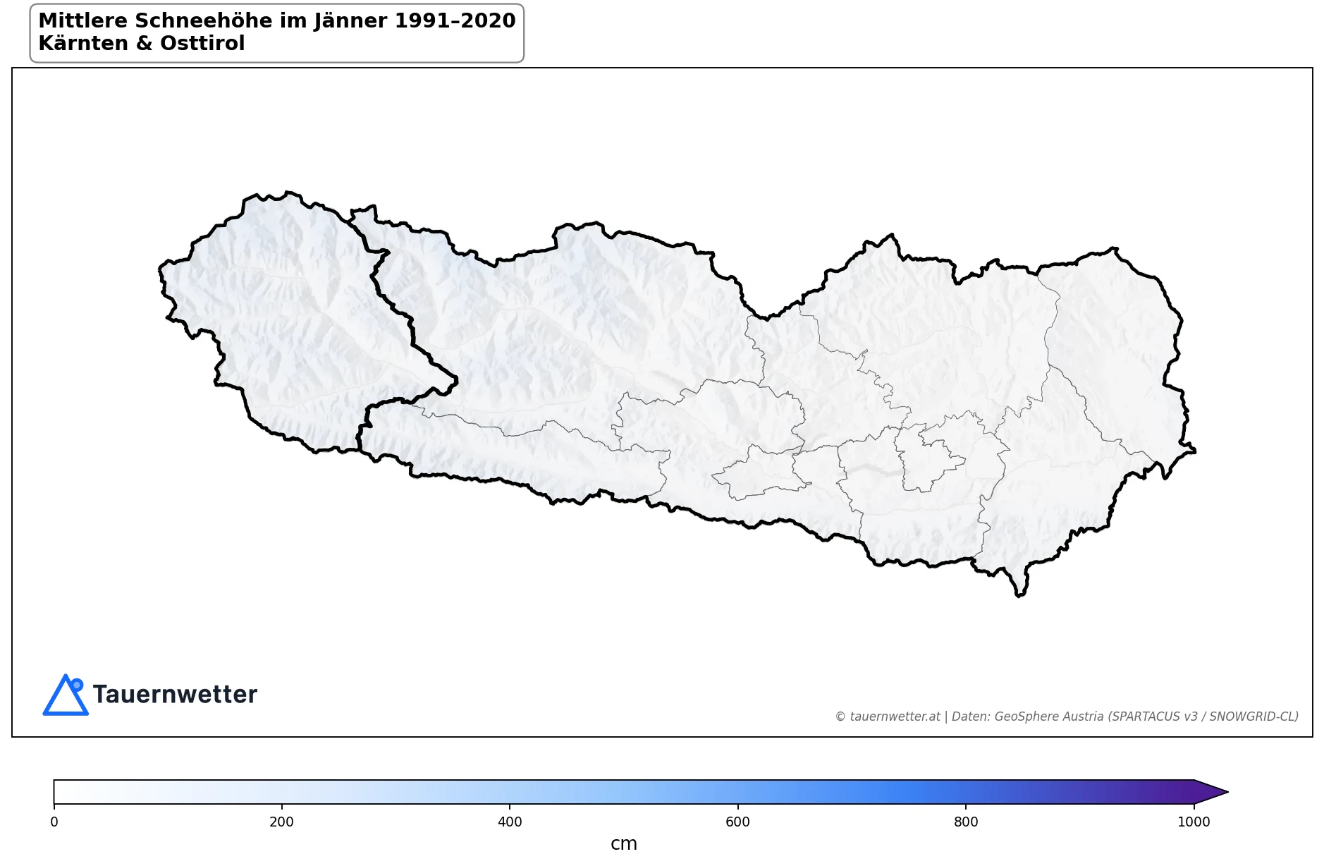 Klimakarte Mittlere Schneehöhe (Saisonmittel), Jänner 1991–2020 in Kärnten und Osttirol