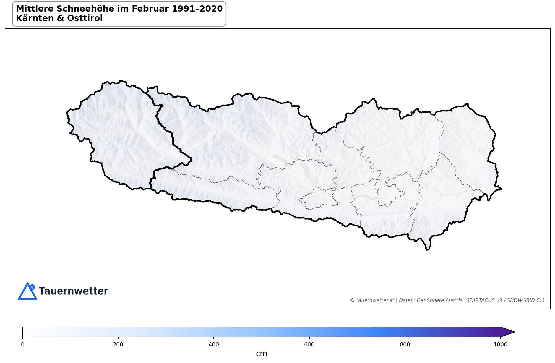 Klimakarte Mittlere Schneehöhe (Saisonmittel), Februar 1991–2020 in Kärnten und Osttirol