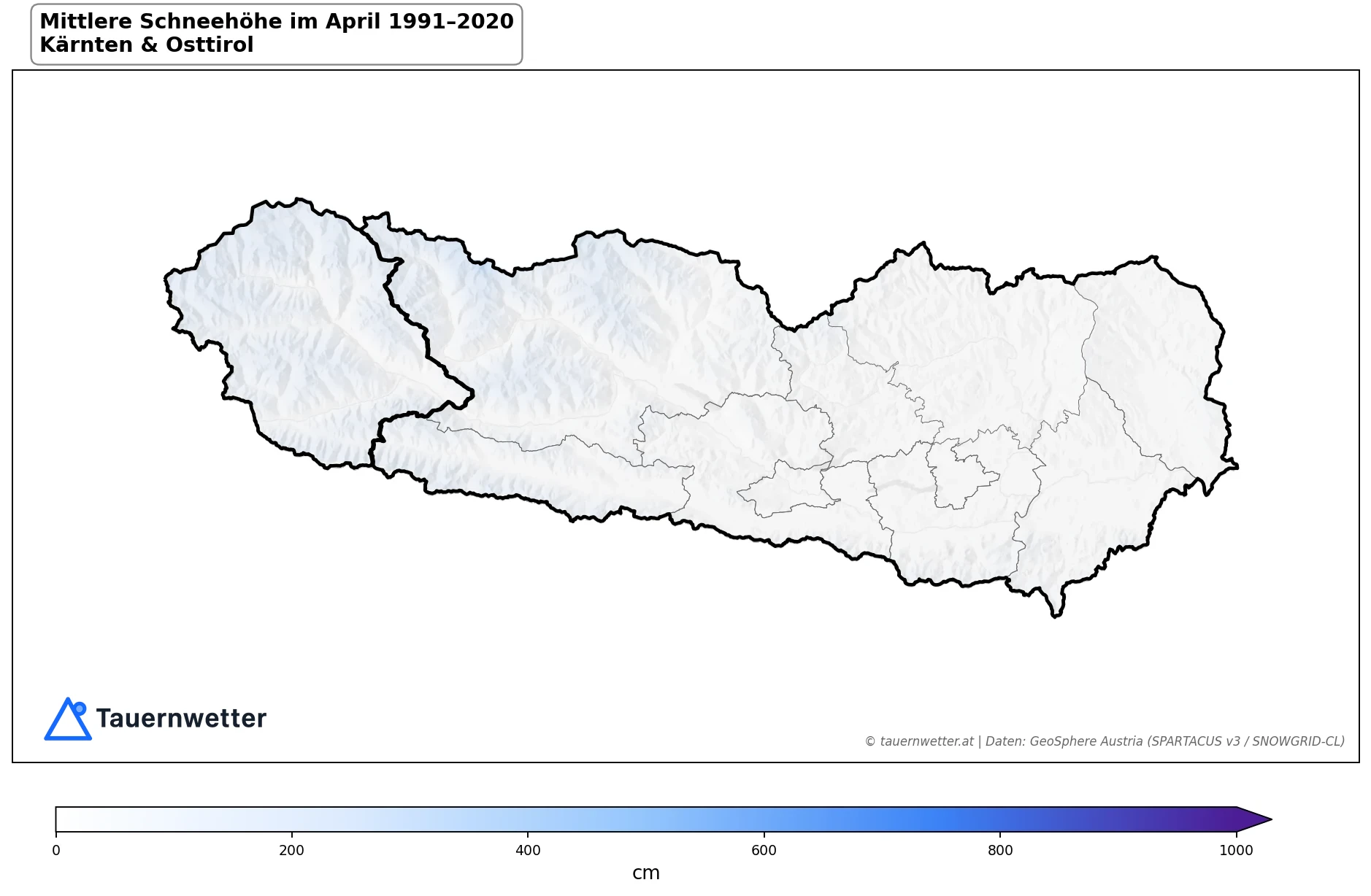 Klimakarte Mittlere Schneehöhe (Saisonmittel), April 1991–2020 in Kärnten und Osttirol