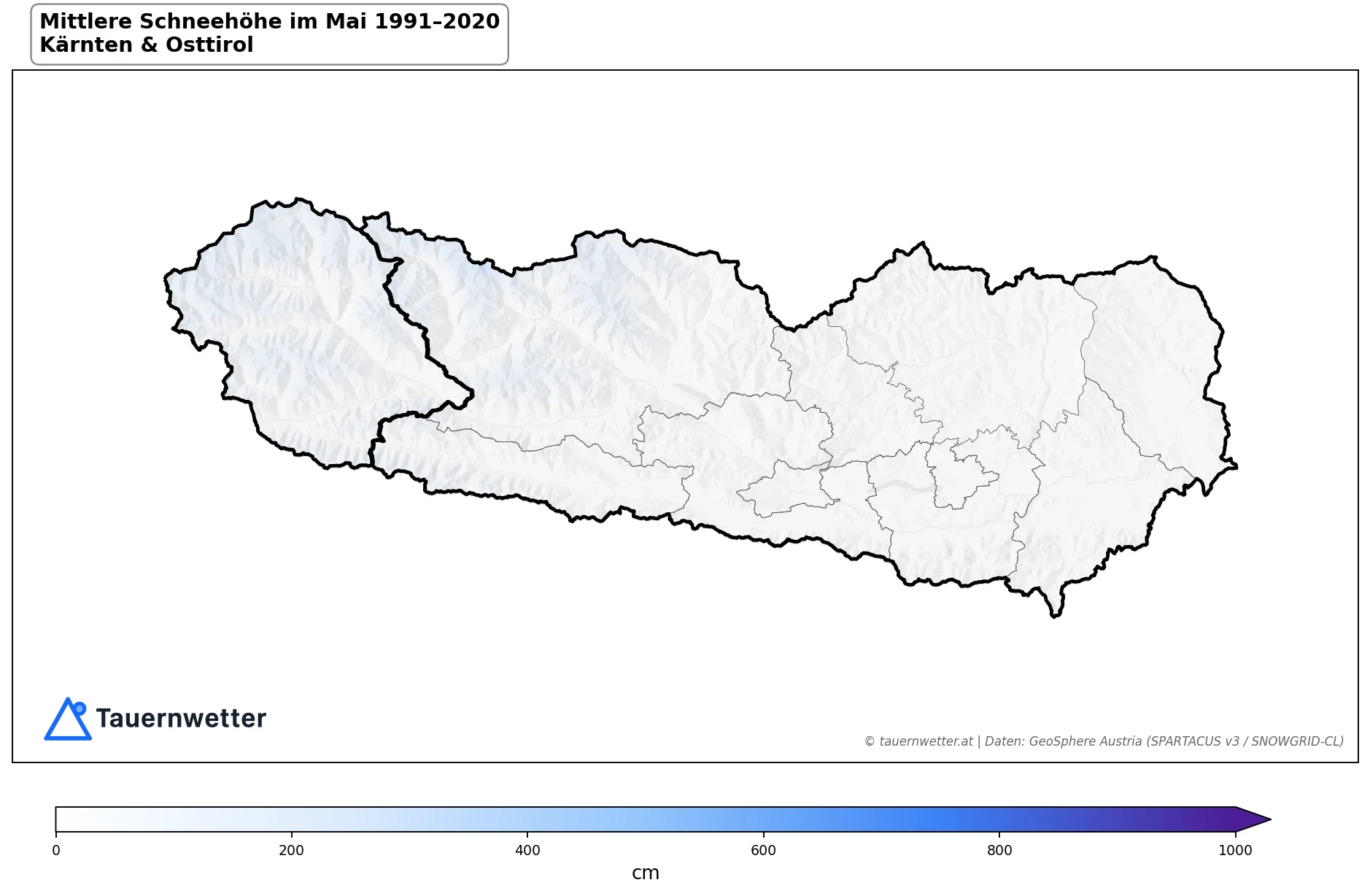 Klimakarte Mittlere Schneehöhe (Saisonmittel), Mai 1991–2020 in Kärnten und Osttirol