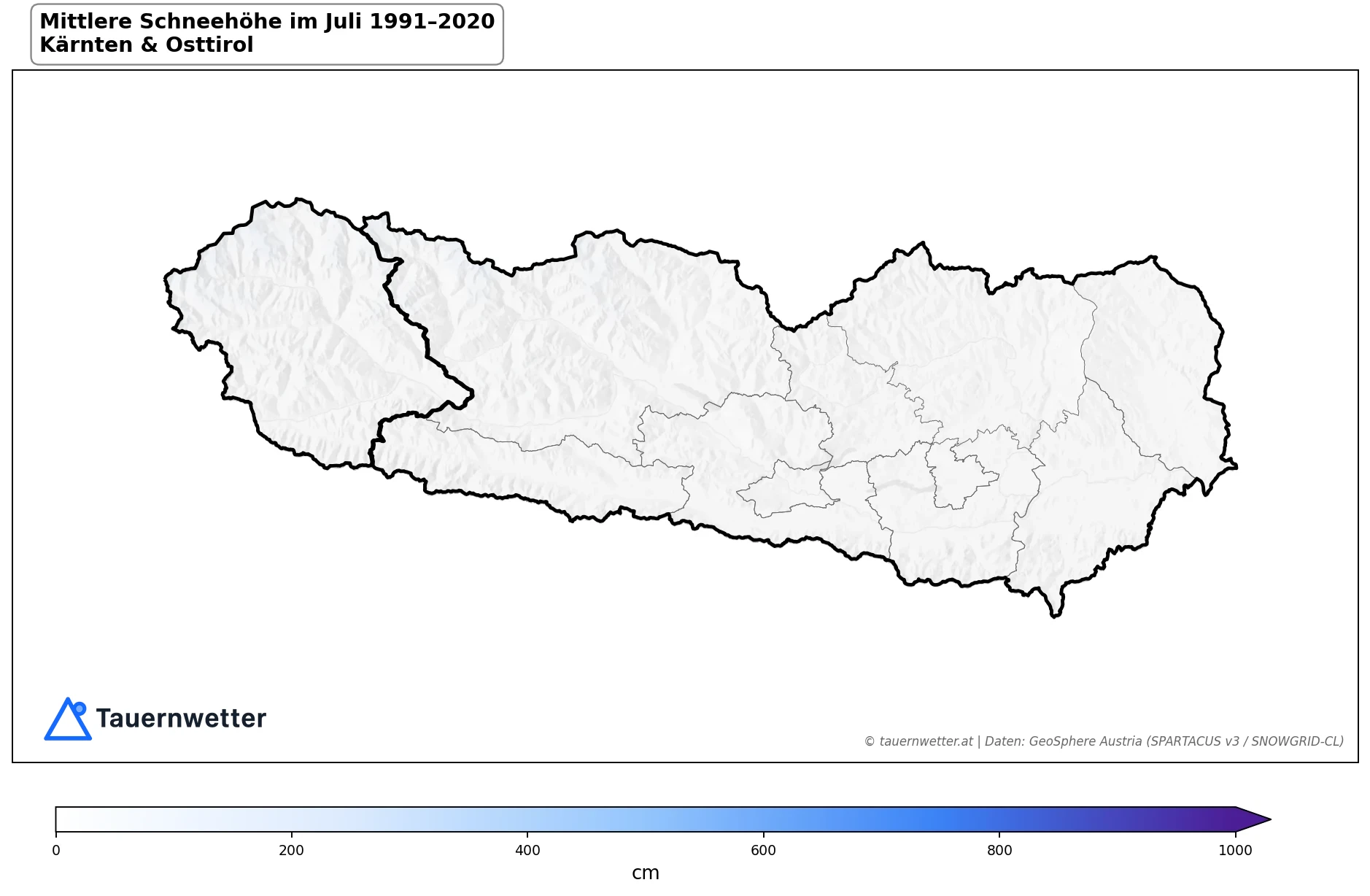 Klimakarte Mittlere Schneehöhe (Saisonmittel), Juli 1991–2020 in Kärnten und Osttirol