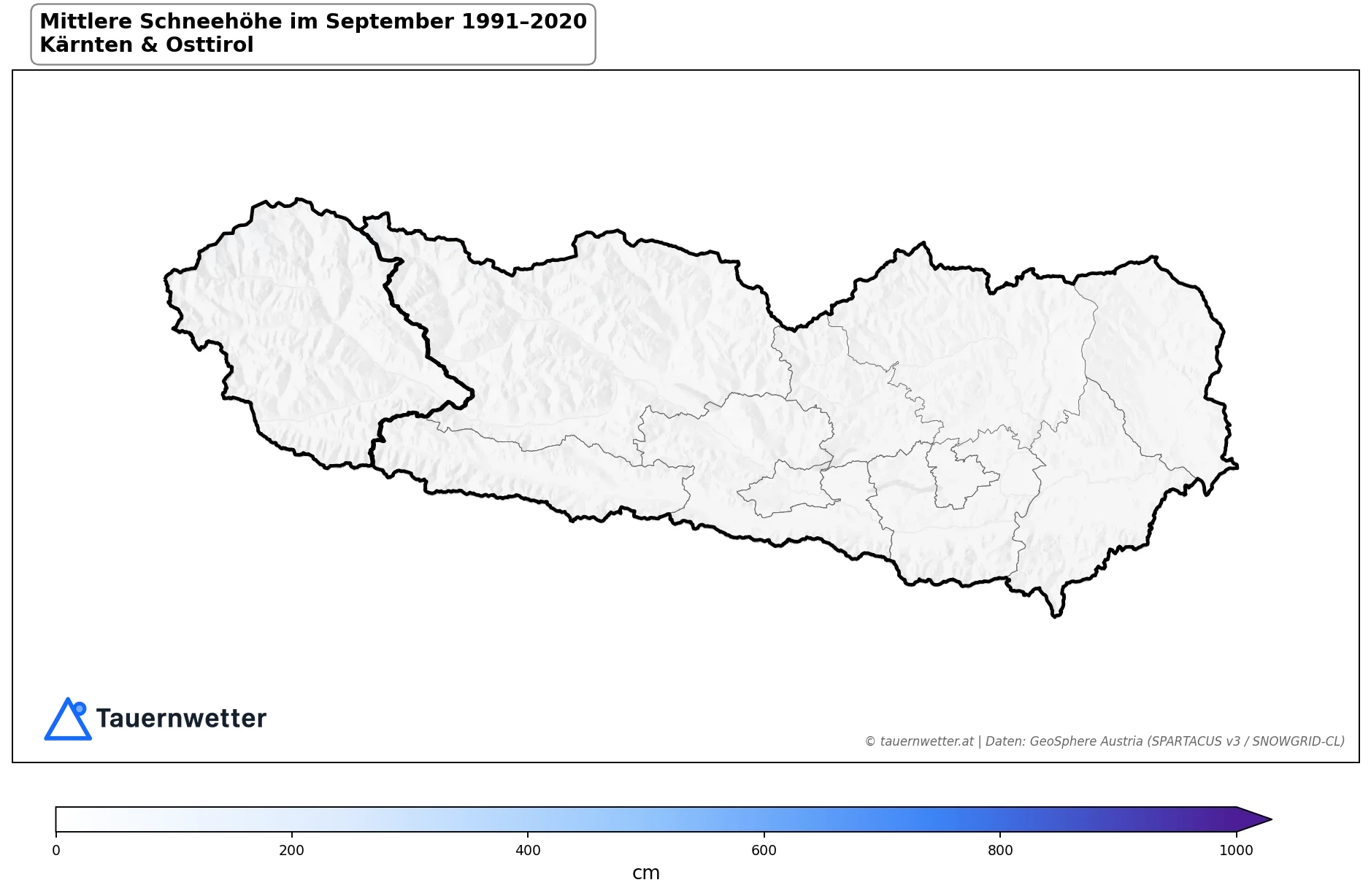 Klimakarte Mittlere Schneehöhe (Saisonmittel), September 1991–2020 in Kärnten und Osttirol