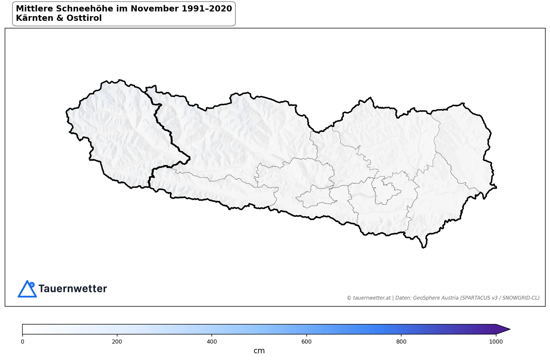 Klimakarte Mittlere Schneehöhe (Saisonmittel), November 1991–2020 in Kärnten und Osttirol