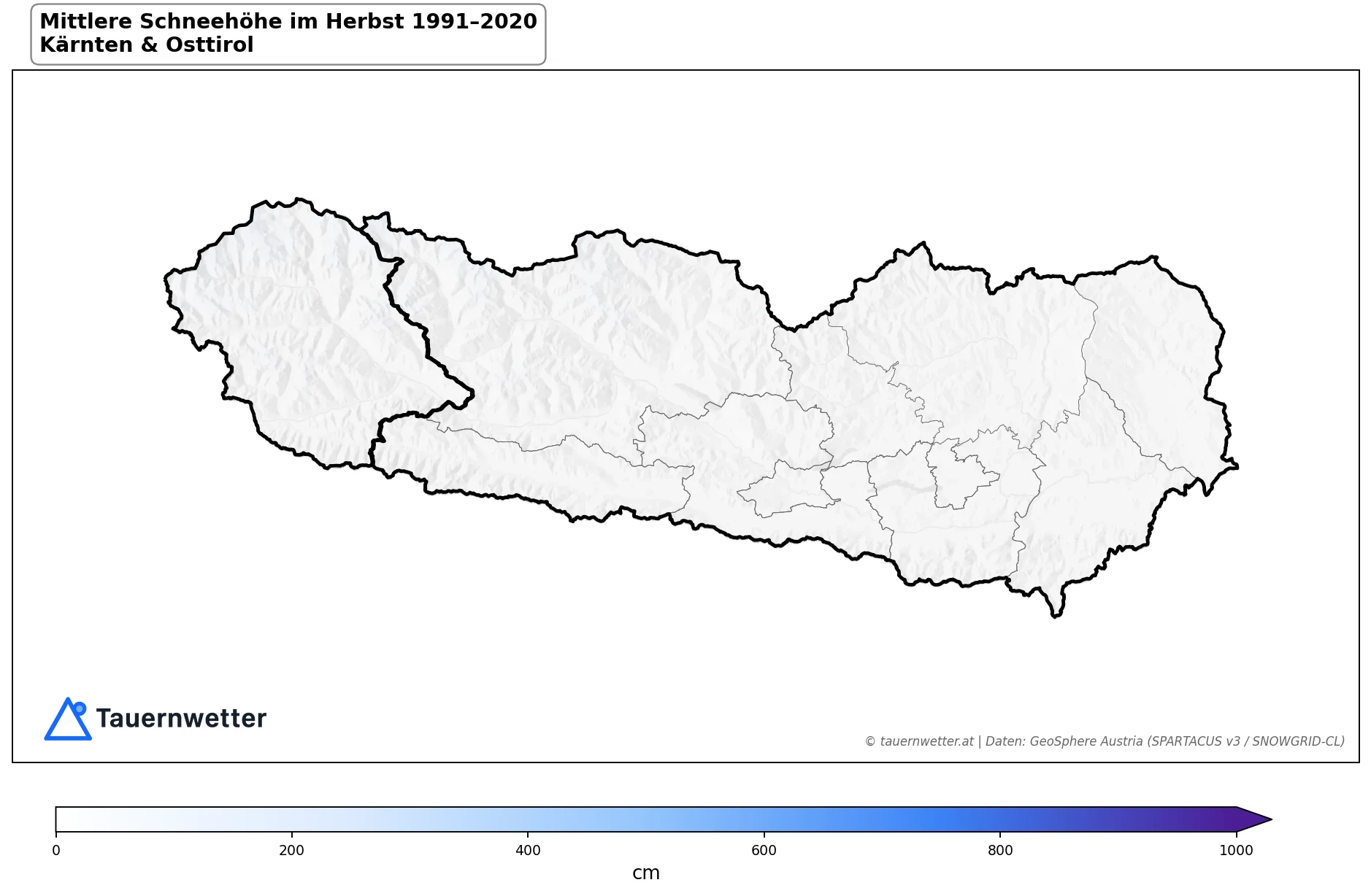 Klimakarte Mittlere Schneehöhe (Saisonmittel), Herbst (SON) 1991–2020 in Kärnten und Osttirol