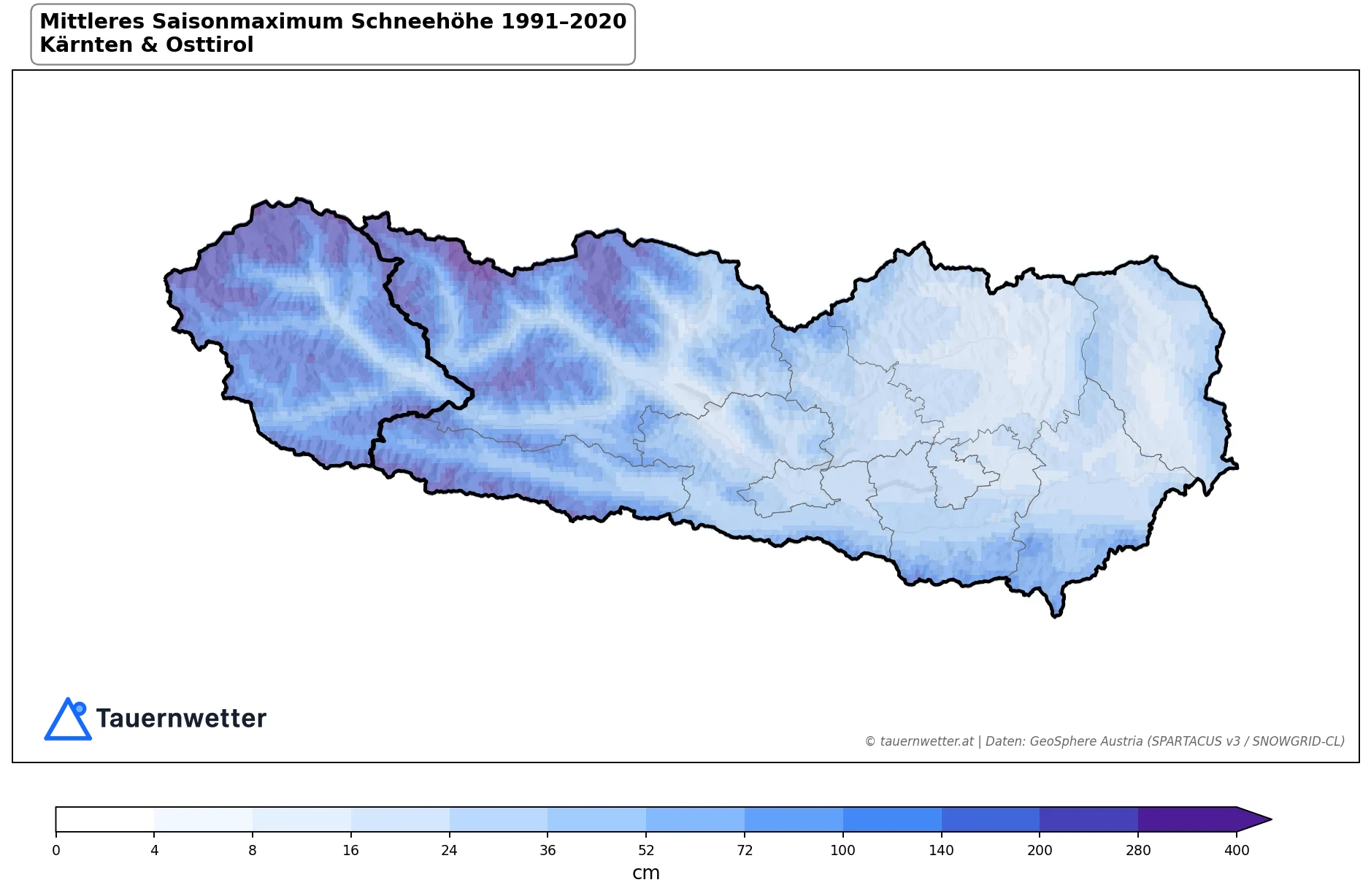 Klimakarte Saisonmaximum Schneehöhe, Jahr 1991–2020 in Kärnten und Osttirol