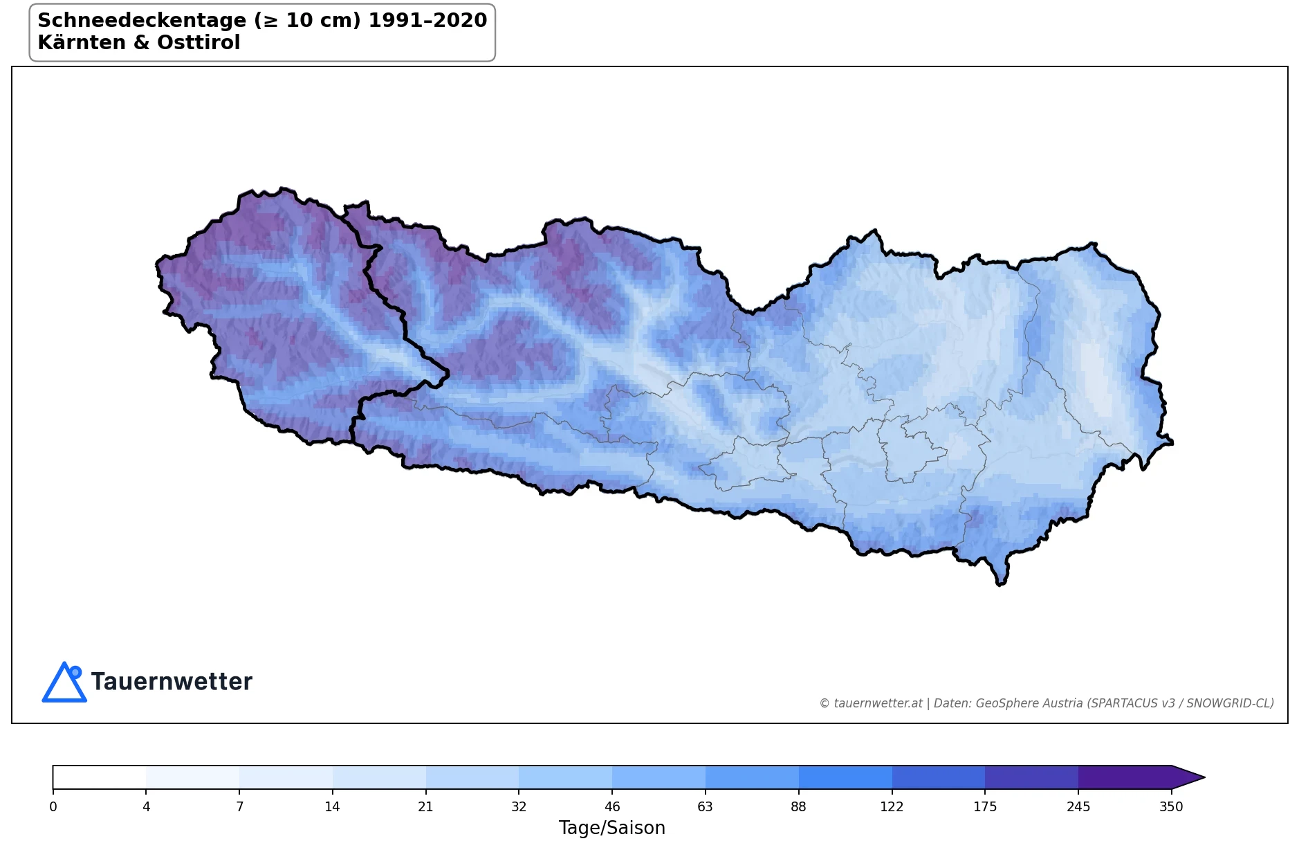 Klimakarte Schneedeckentage (≥ 10 cm), Jahr 1991–2020 in Kärnten und Osttirol