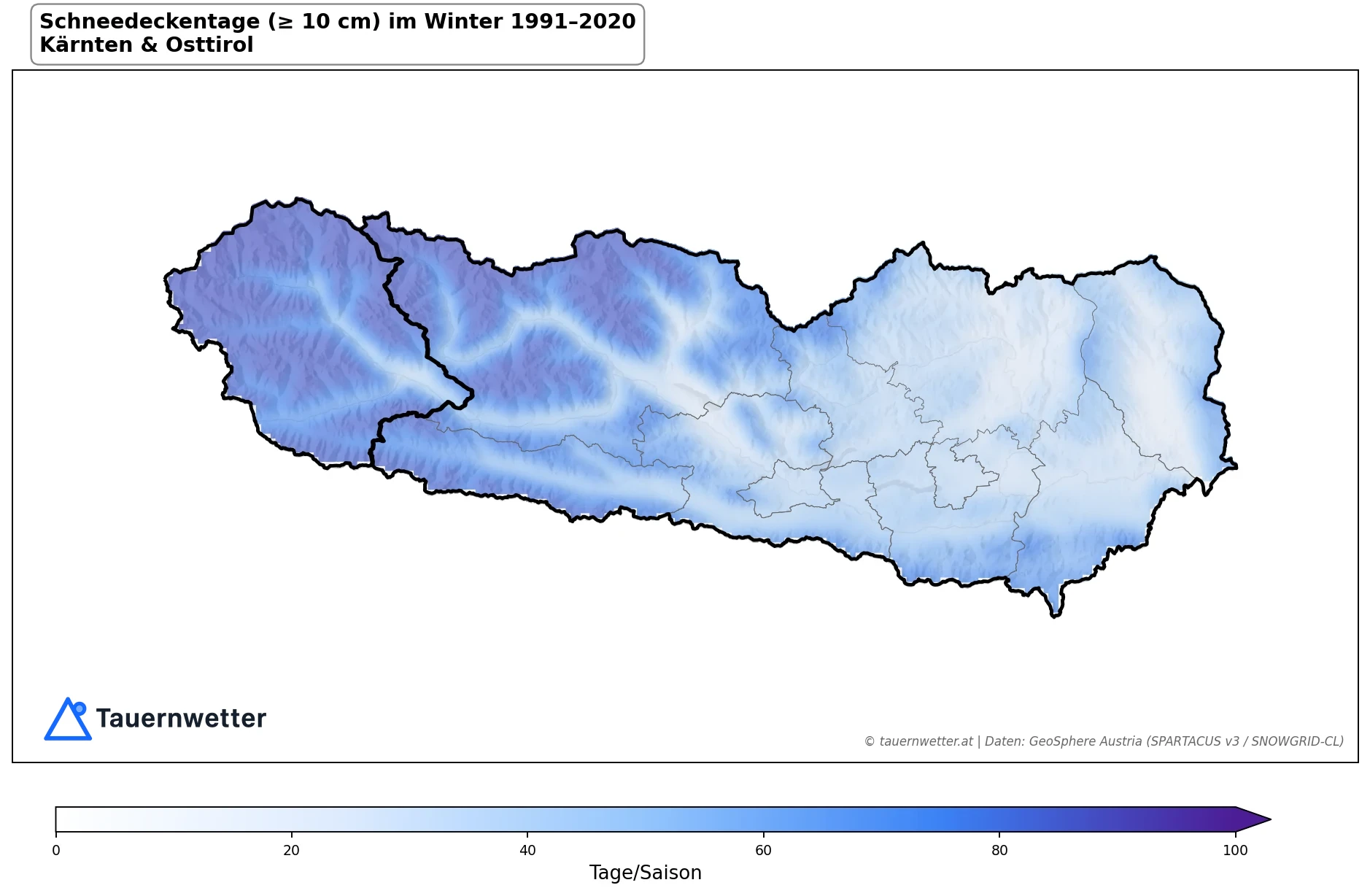 Klimakarte Schneedeckentage (≥ 10 cm), Winter (DJF) 1991–2020 in Kärnten und Osttirol