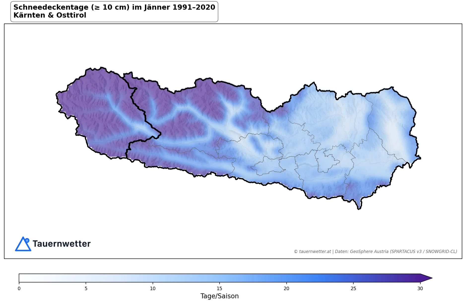 Klimakarte Schneedeckentage (≥ 10 cm), Jänner 1991–2020 in Kärnten und Osttirol