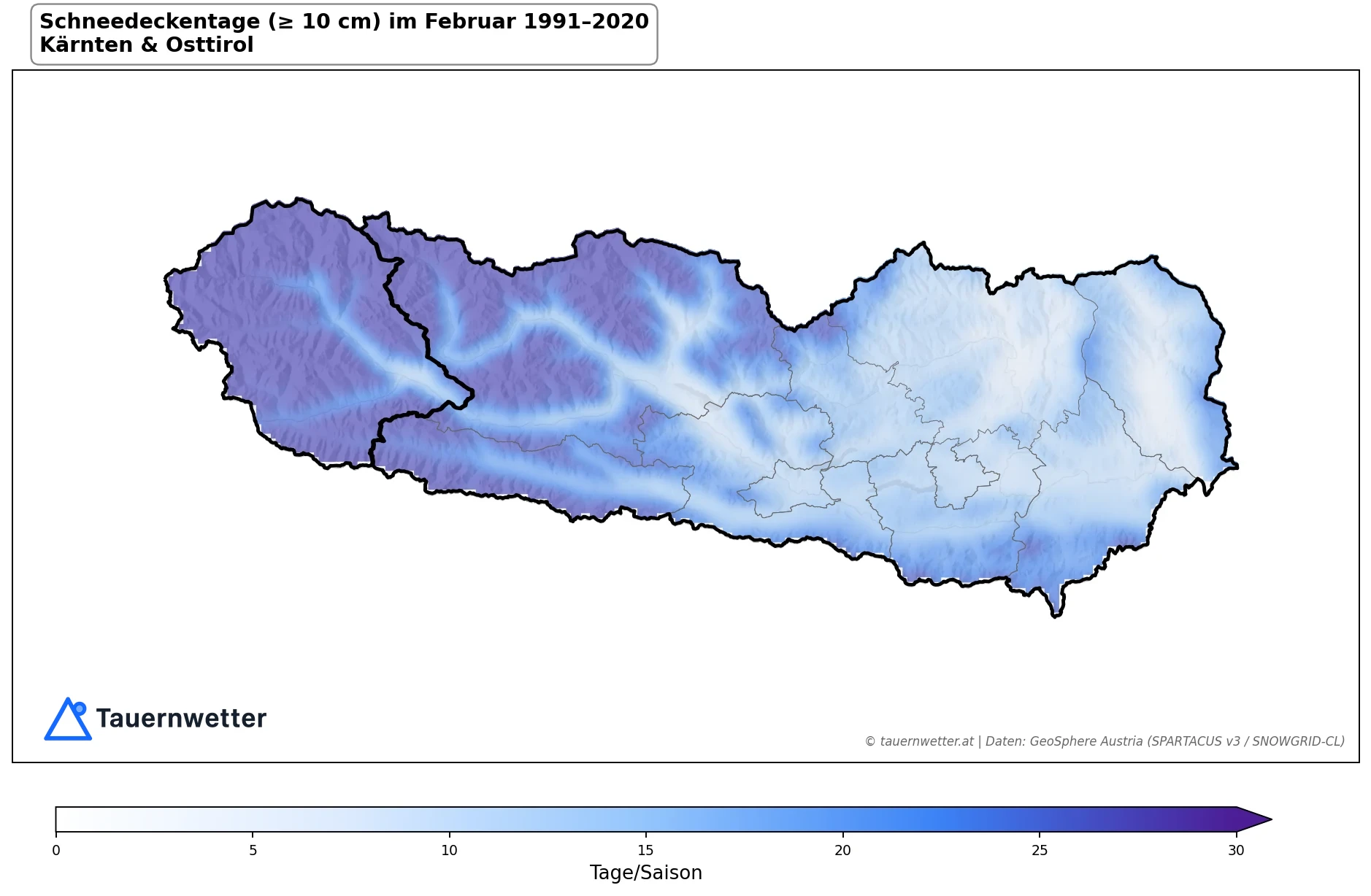 Klimakarte Schneedeckentage (≥ 10 cm), Februar 1991–2020 in Kärnten und Osttirol