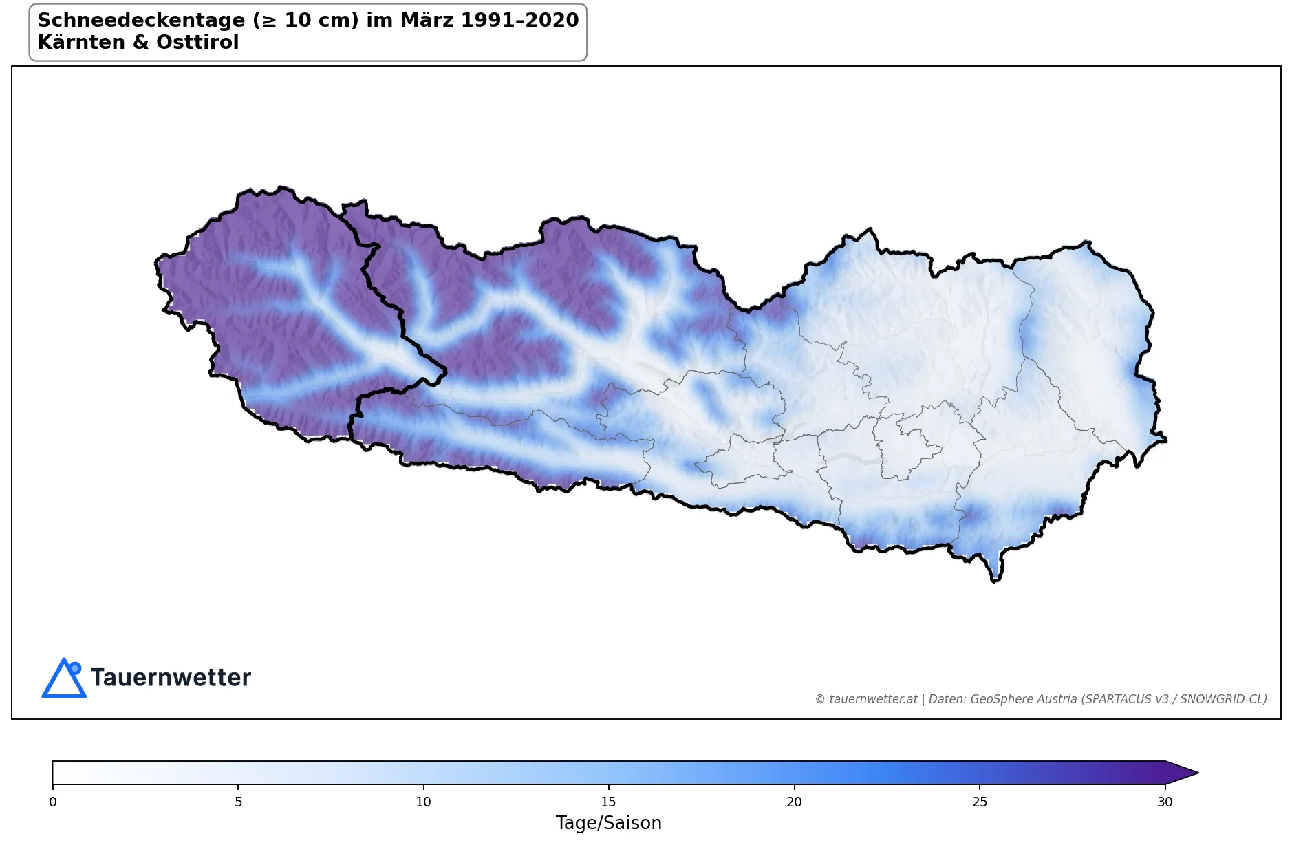 Klimakarte Schneedeckentage (≥ 10 cm), März 1991–2020 in Kärnten und Osttirol