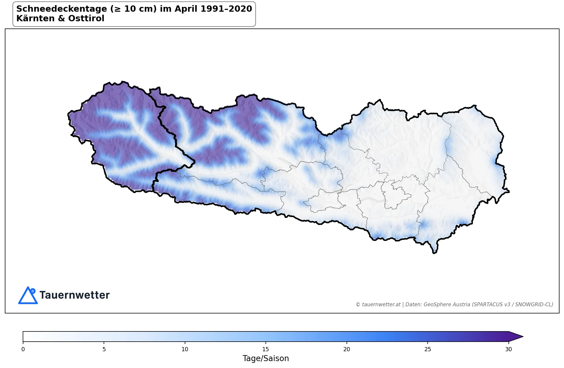 Klimakarte Schneedeckentage (≥ 10 cm), April 1991–2020 in Kärnten und Osttirol