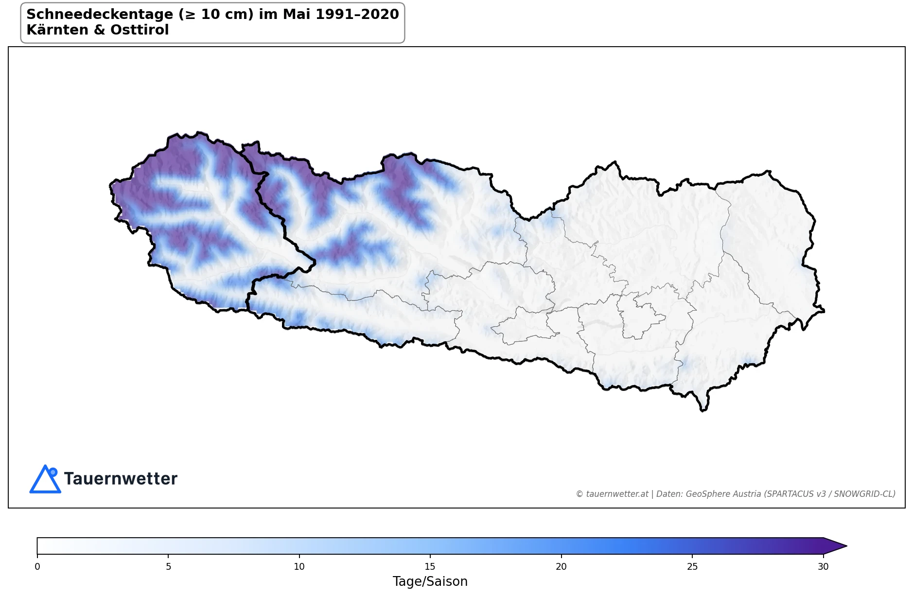 Klimakarte Schneedeckentage (≥ 10 cm), Mai 1991–2020 in Kärnten und Osttirol