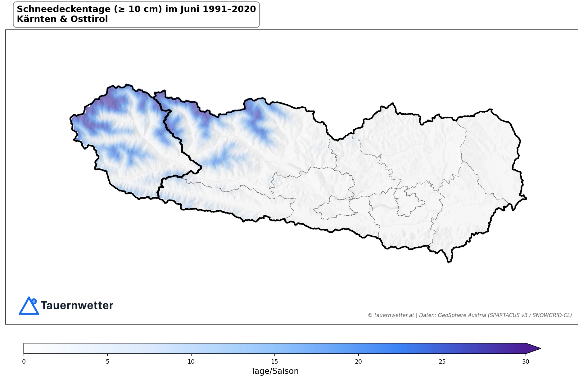 Klimakarte Schneedeckentage (≥ 10 cm), Juni 1991–2020 in Kärnten und Osttirol