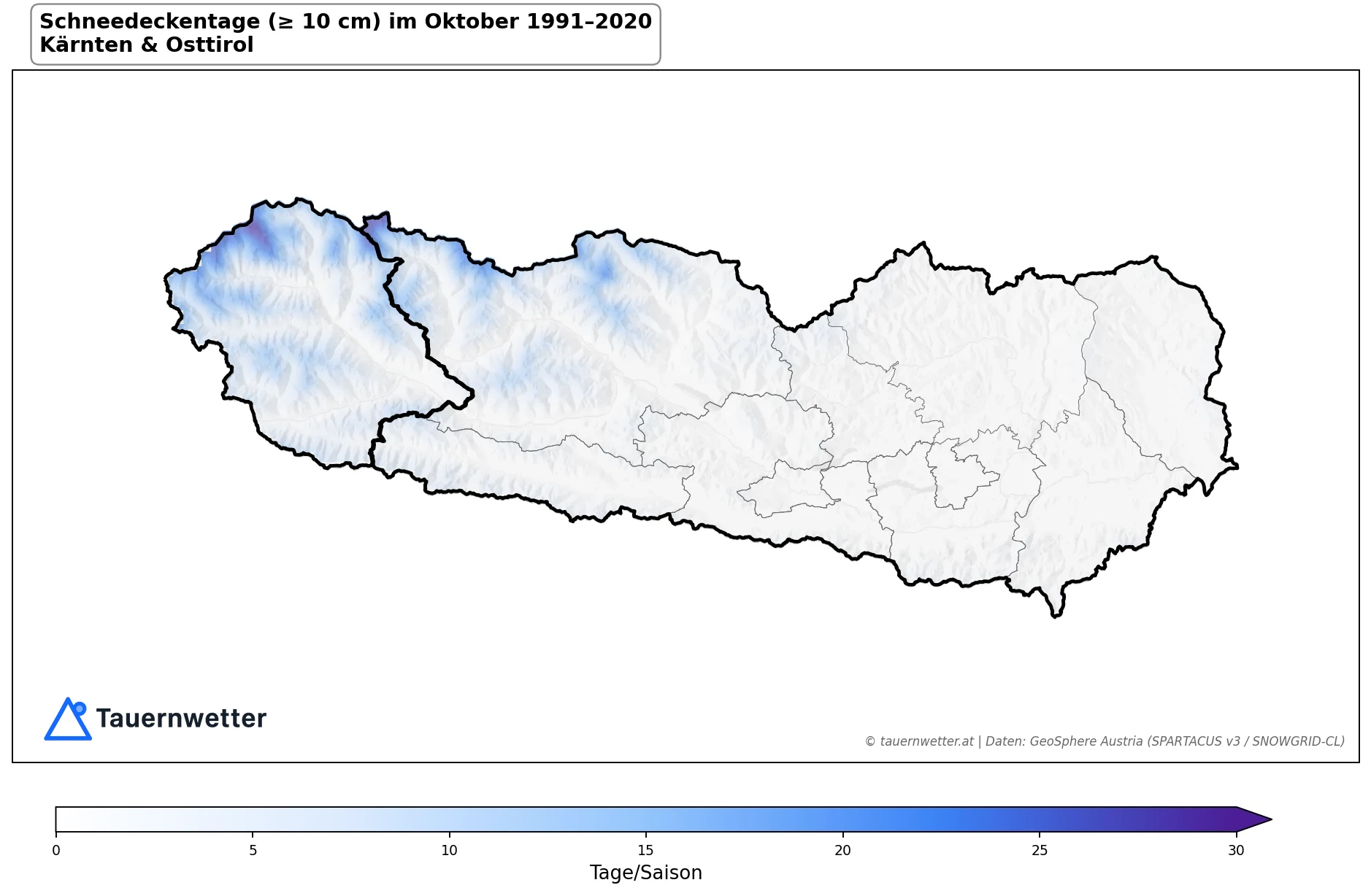Klimakarte Schneedeckentage (≥ 10 cm), Oktober 1991–2020 in Kärnten und Osttirol