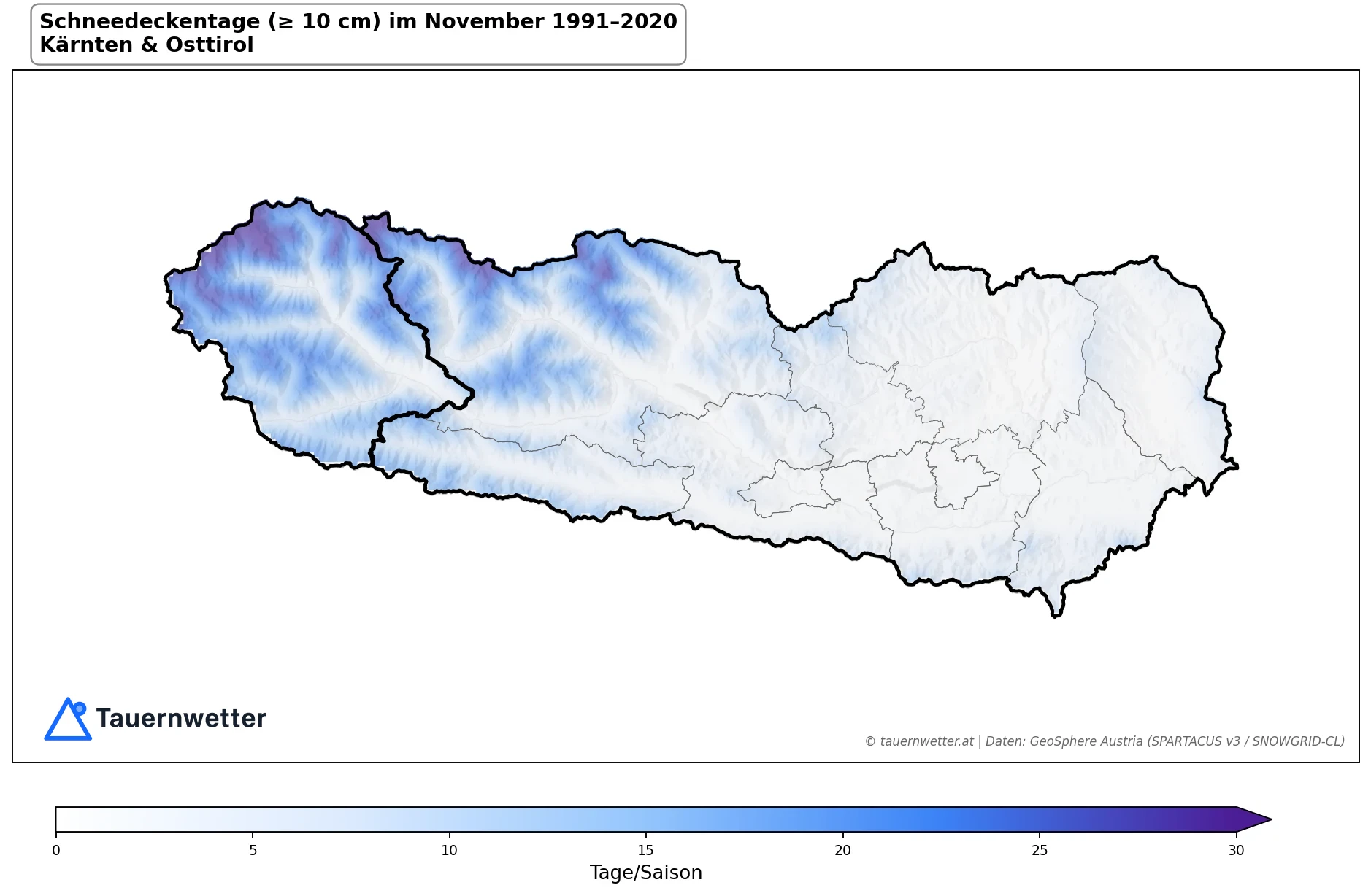 Klimakarte Schneedeckentage (≥ 10 cm), November 1991–2020 in Kärnten und Osttirol
