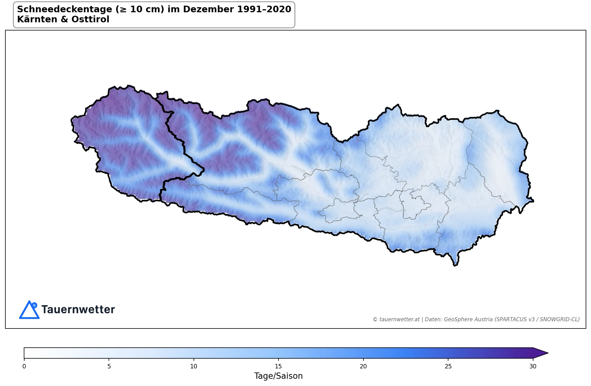 Klimakarte Schneedeckentage (≥ 10 cm), Dezember 1991–2020 in Kärnten und Osttirol