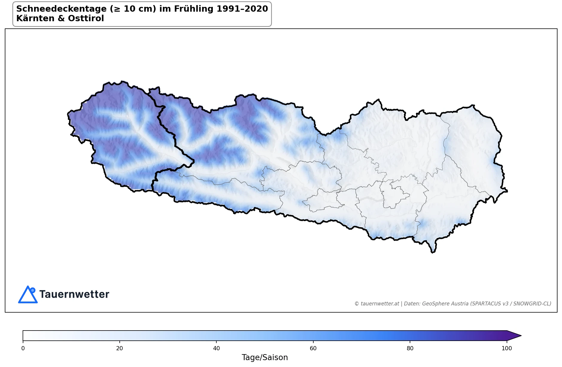Klimakarte Schneedeckentage (≥ 10 cm), Frühling (MAM) 1991–2020 in Kärnten und Osttirol