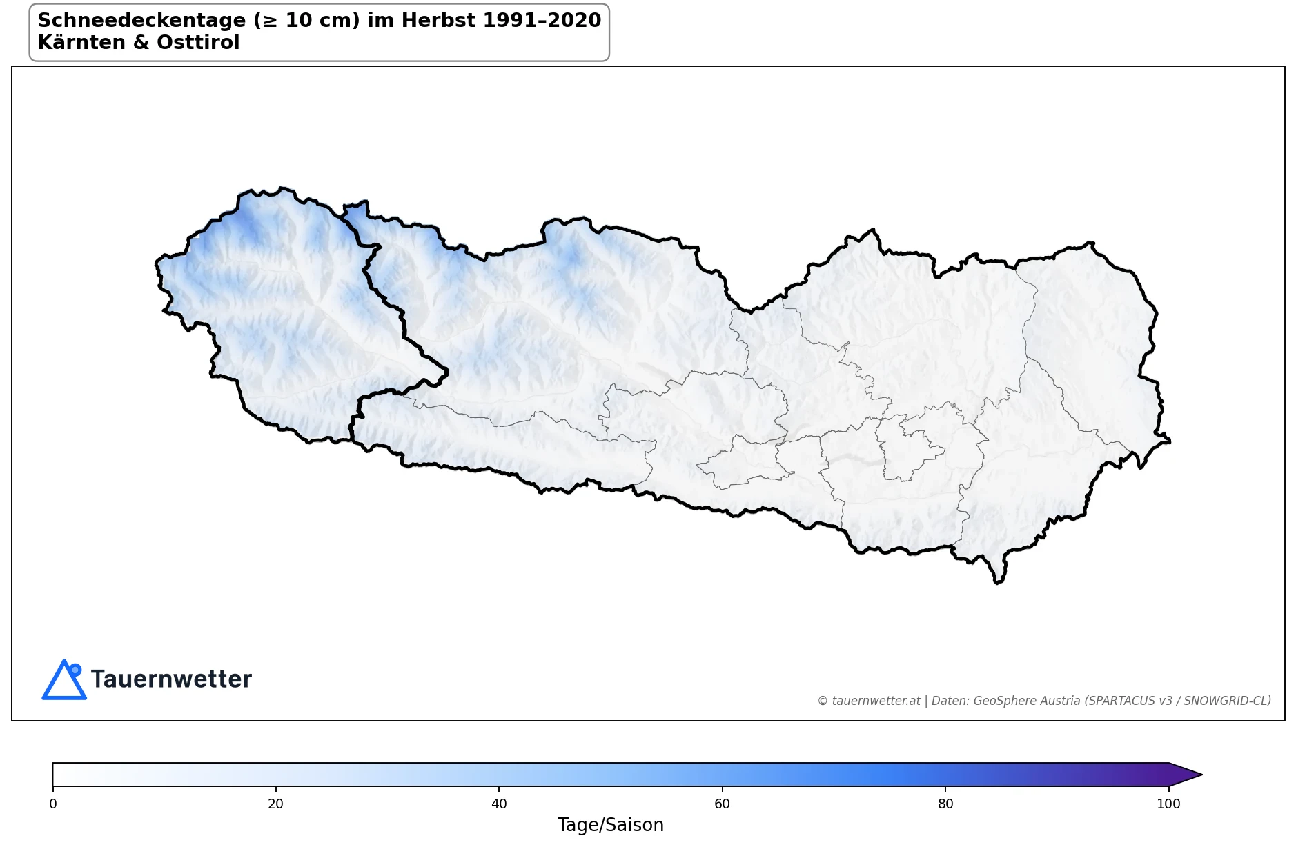 Klimakarte Schneedeckentage (≥ 10 cm), Herbst (SON) 1991–2020 in Kärnten und Osttirol