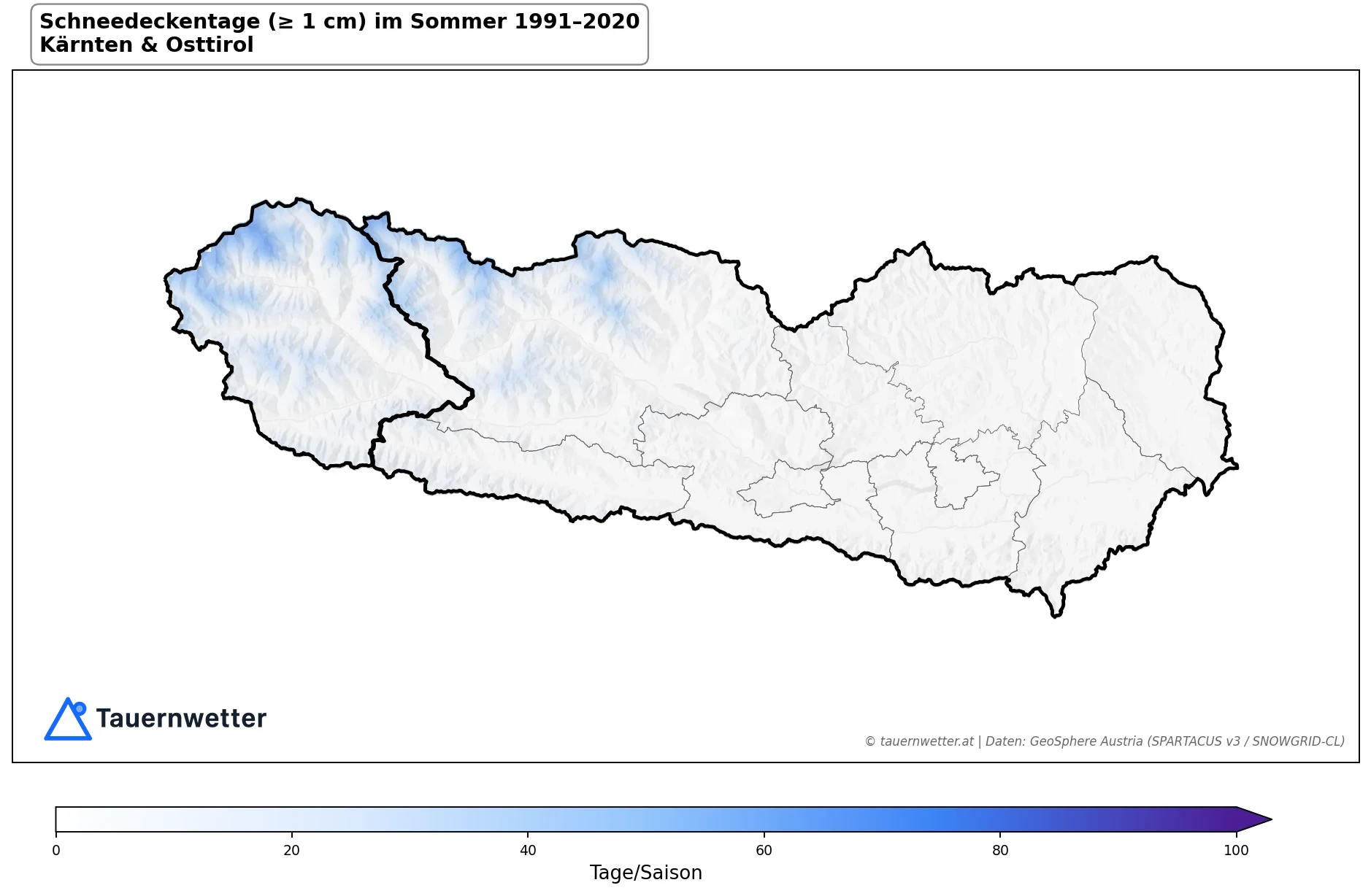 Klimakarte Tage mit Schneedecke (≥ 1 cm), Sommer (JJA) 1991–2020 in Kärnten und Osttirol