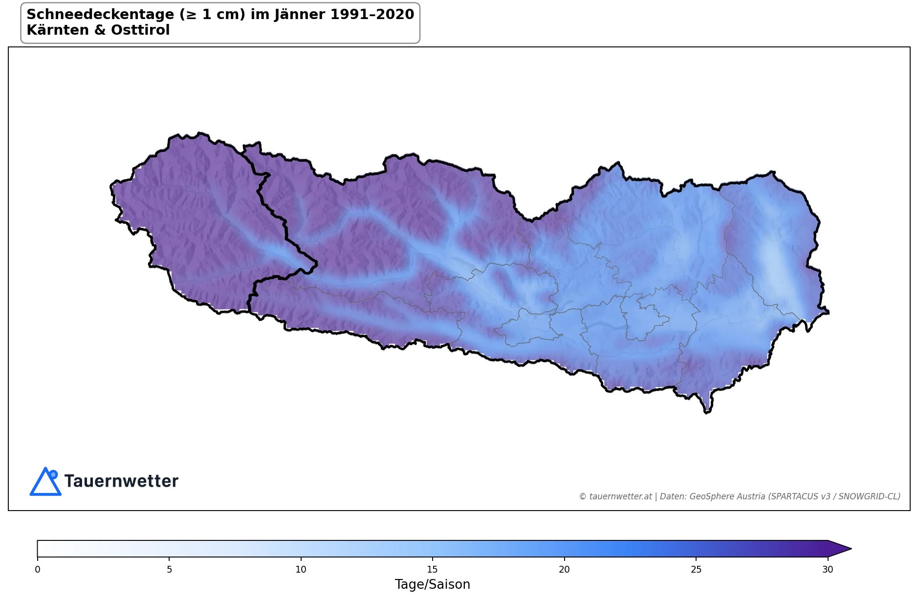 Klimakarte Tage mit Schneedecke (≥ 1 cm), Jänner 1991–2020 in Kärnten und Osttirol