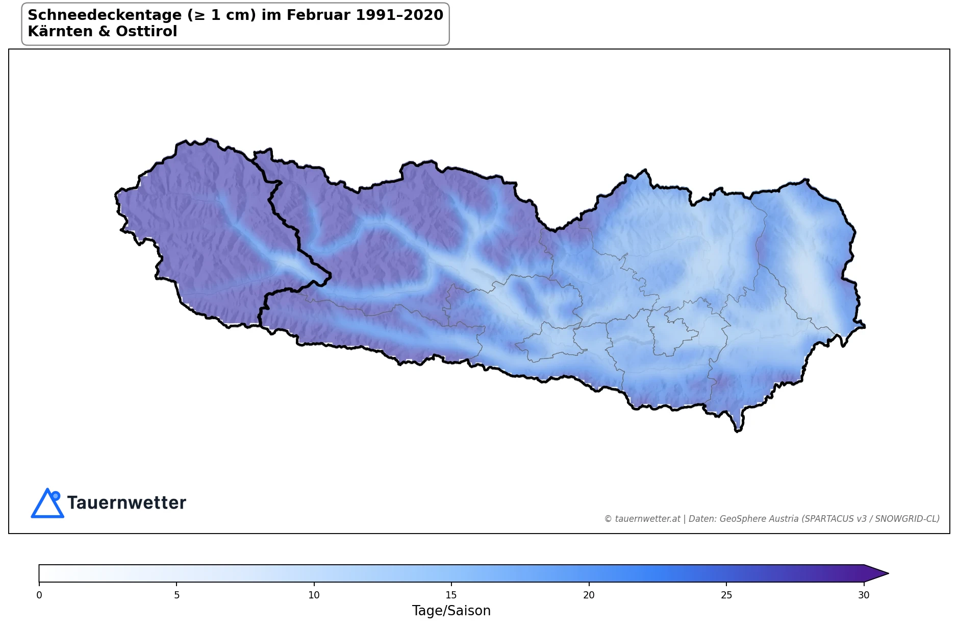 Klimakarte Tage mit Schneedecke (≥ 1 cm), Februar 1991–2020 in Kärnten und Osttirol