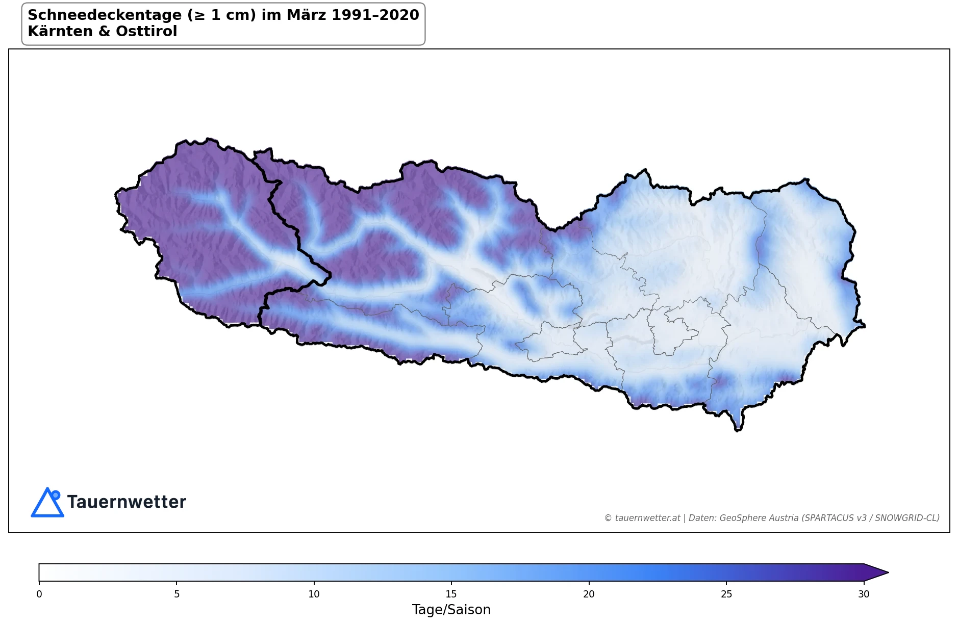 Klimakarte Tage mit Schneedecke (≥ 1 cm), März 1991–2020 in Kärnten und Osttirol