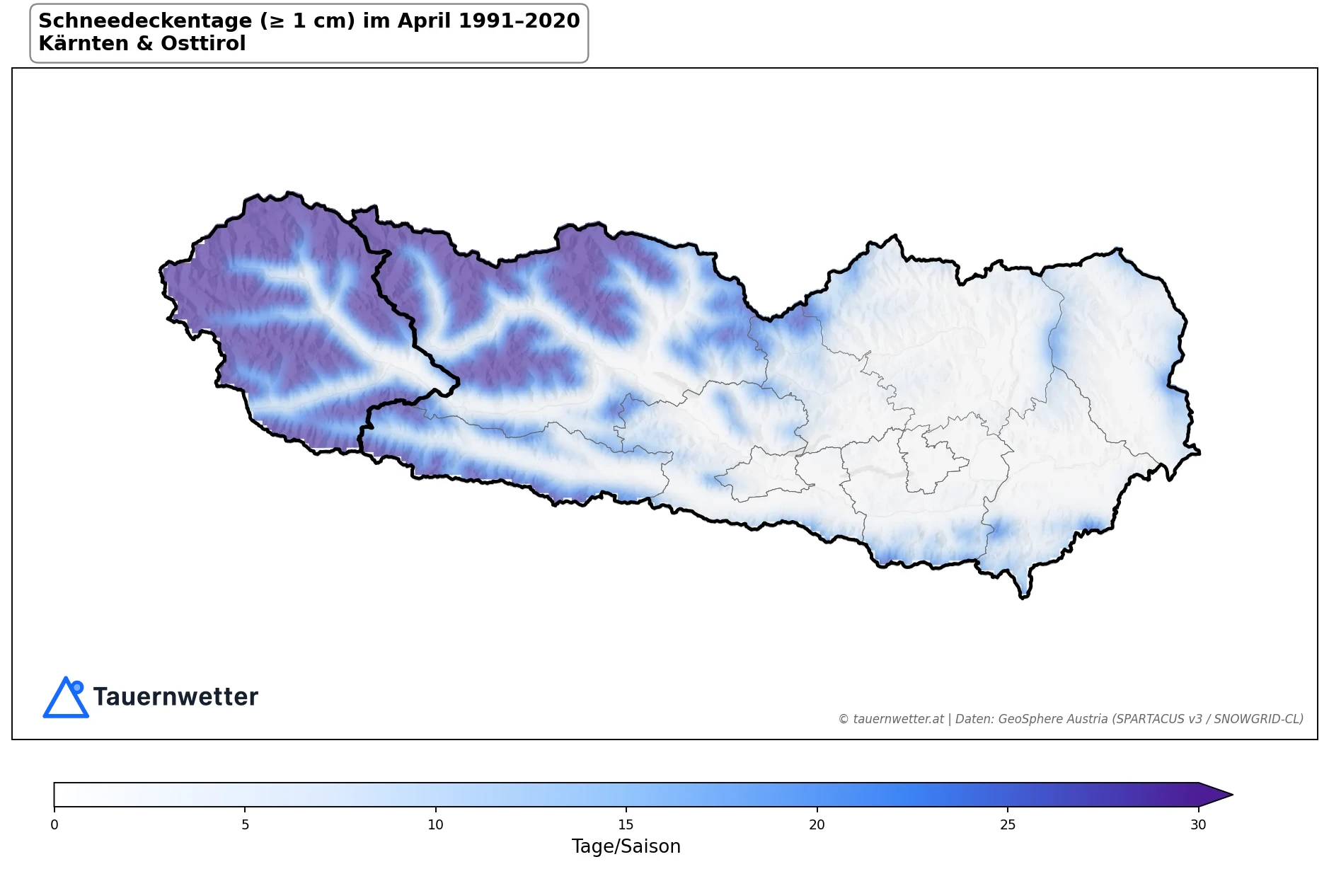 Klimakarte Tage mit Schneedecke (≥ 1 cm), April 1991–2020 in Kärnten und Osttirol