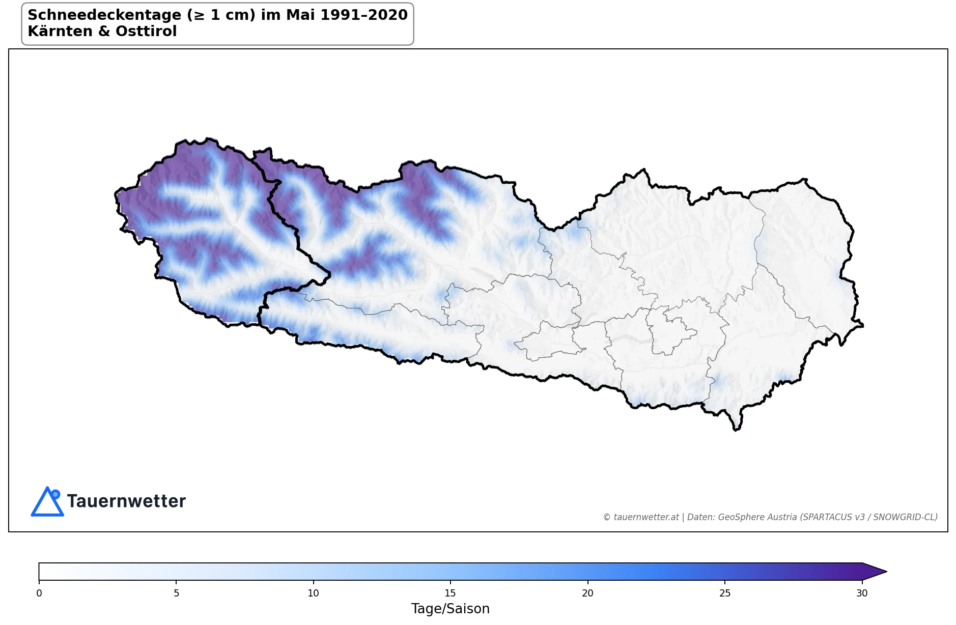 Klimakarte Tage mit Schneedecke (≥ 1 cm), Mai 1991–2020 in Kärnten und Osttirol