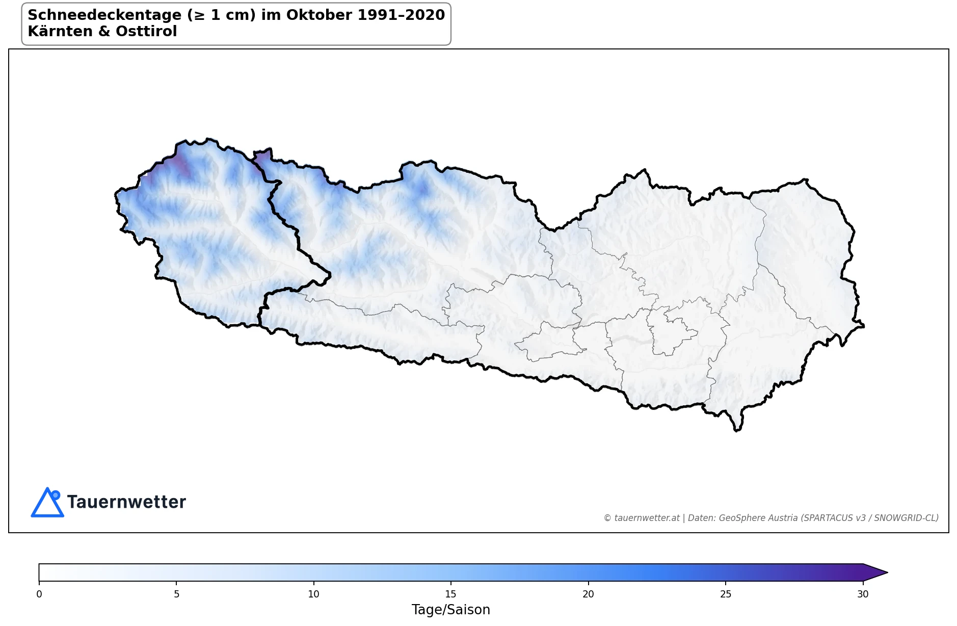 Klimakarte Tage mit Schneedecke (≥ 1 cm), Oktober 1991–2020 in Kärnten und Osttirol