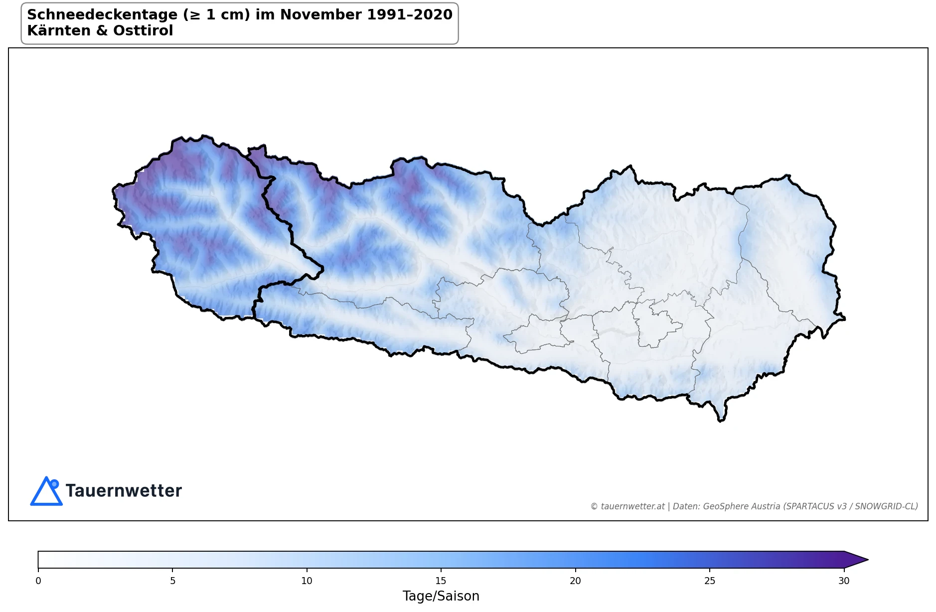 Klimakarte Tage mit Schneedecke (≥ 1 cm), November 1991–2020 in Kärnten und Osttirol