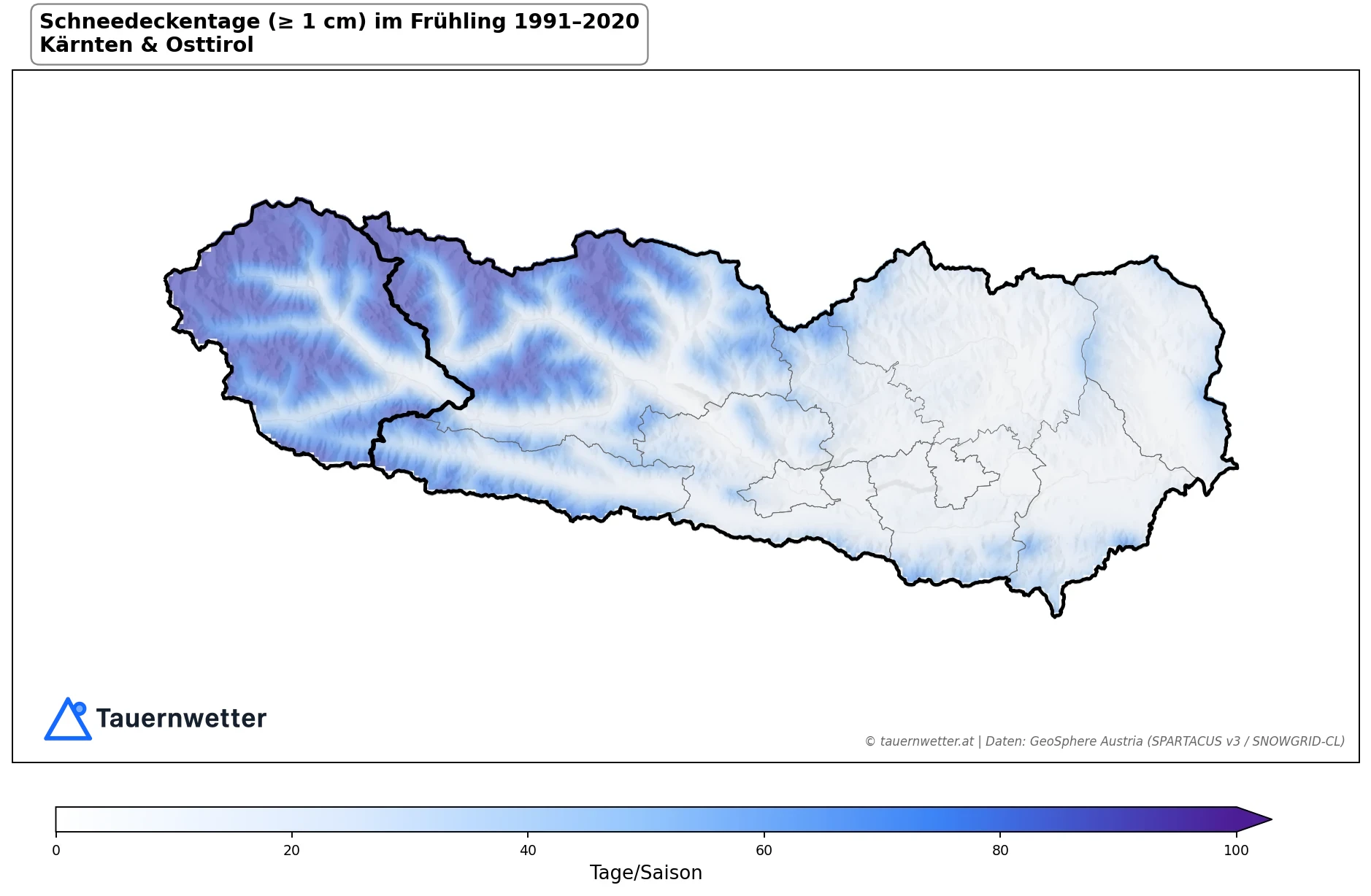 Klimakarte Tage mit Schneedecke (≥ 1 cm), Frühling (MAM) 1991–2020 in Kärnten und Osttirol
