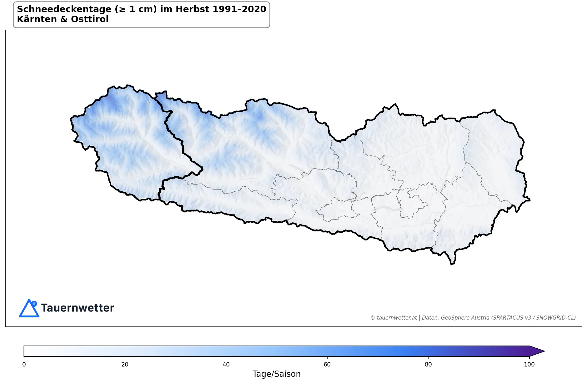 Klimakarte Tage mit Schneedecke (≥ 1 cm), Herbst (SON) 1991–2020 in Kärnten und Osttirol