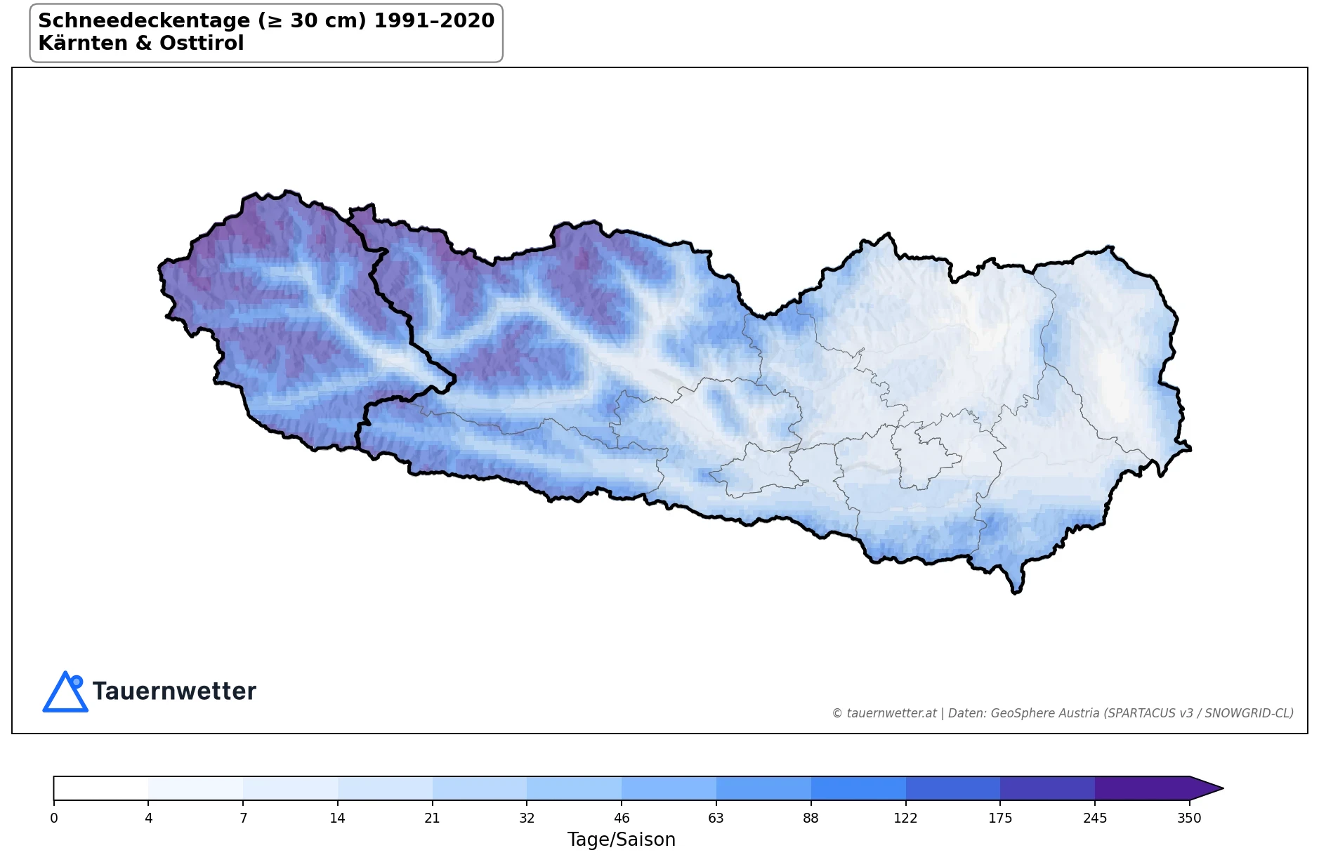 Klimakarte Schneedeckentage (≥ 30 cm), Jahr 1991–2020 in Kärnten und Osttirol
