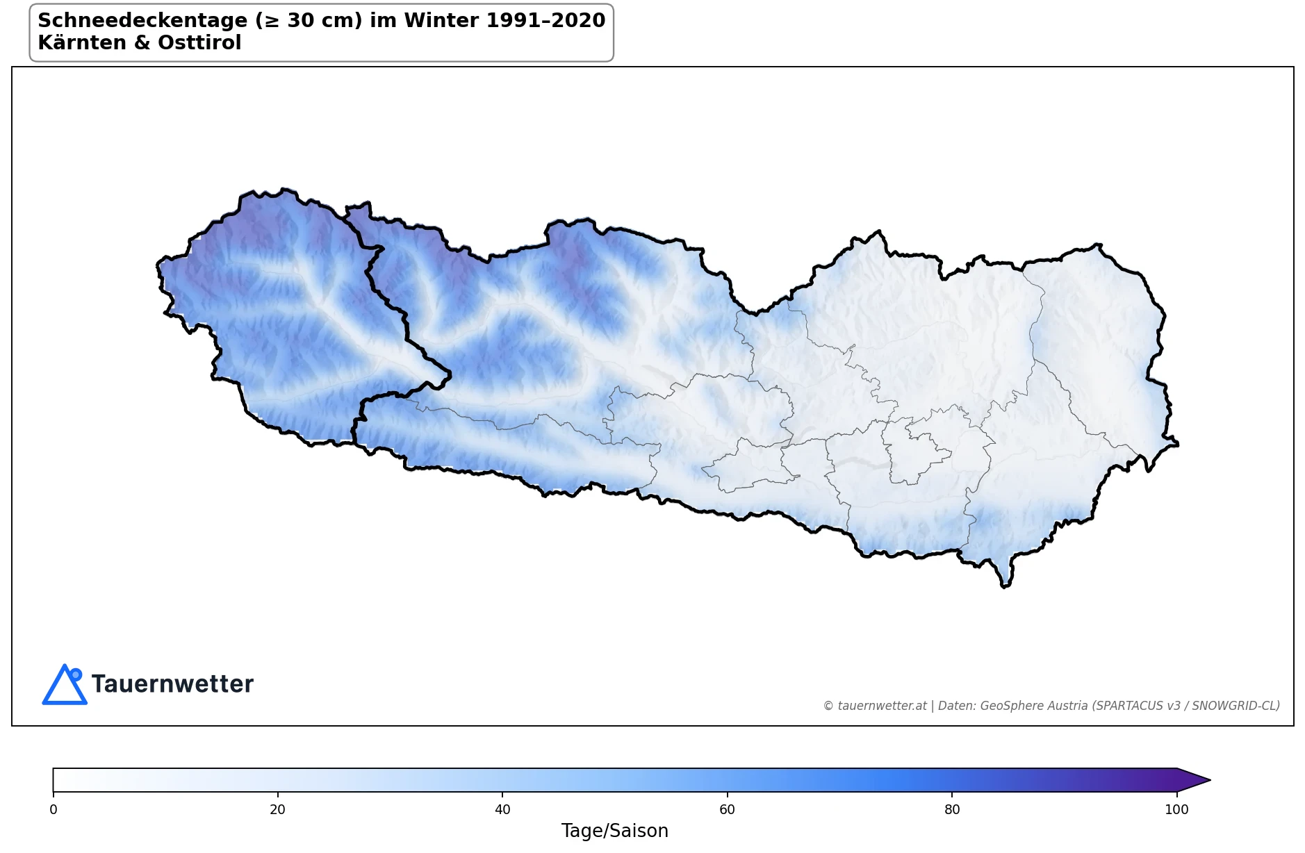 Klimakarte Schneedeckentage (≥ 30 cm), Winter (DJF) 1991–2020 in Kärnten und Osttirol