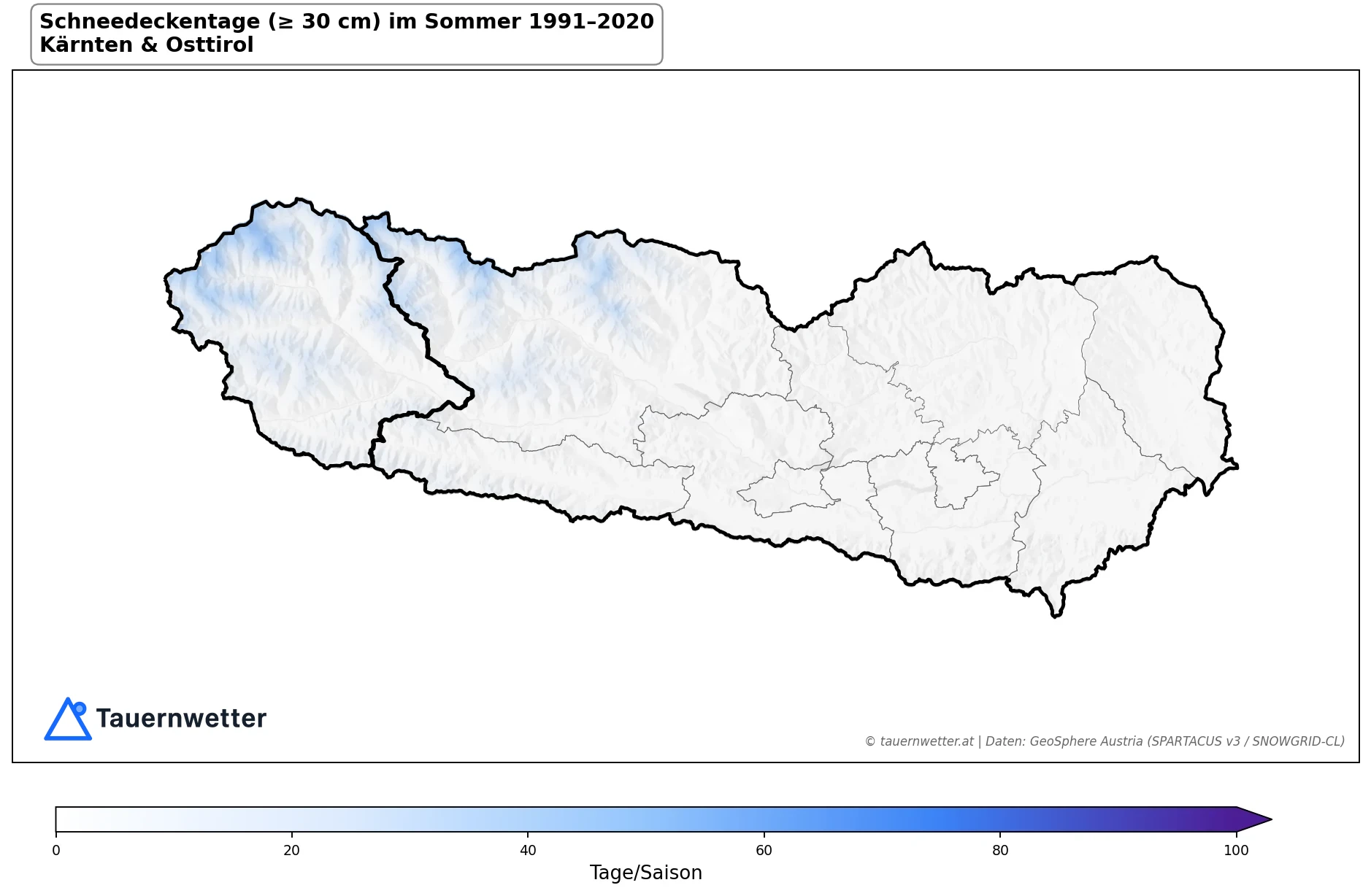 Klimakarte Schneedeckentage (≥ 30 cm), Sommer (JJA) 1991–2020 in Kärnten und Osttirol