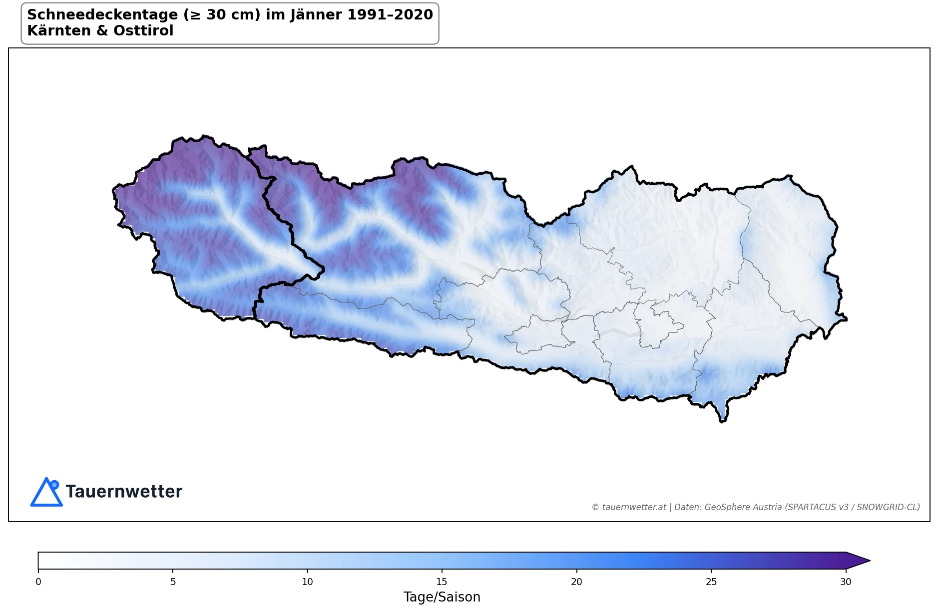 Klimakarte Schneedeckentage (≥ 30 cm), Jänner 1991–2020 in Kärnten und Osttirol