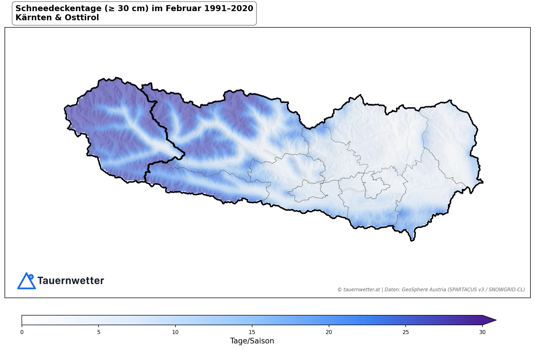 Klimakarte Schneedeckentage (≥ 30 cm), Februar 1991–2020 in Kärnten und Osttirol