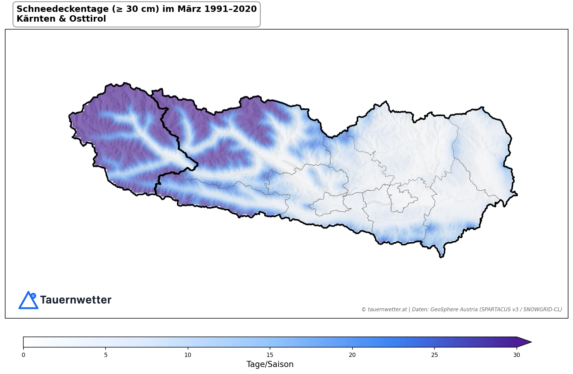 Klimakarte Schneedeckentage (≥ 30 cm), März 1991–2020 in Kärnten und Osttirol