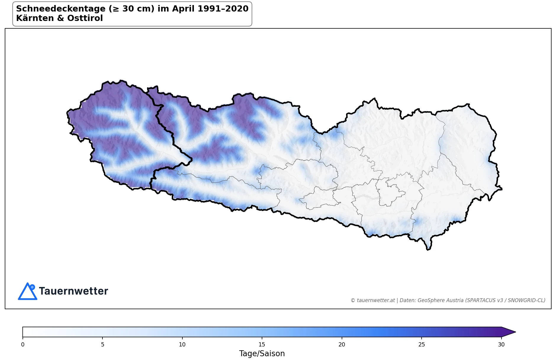 Klimakarte Schneedeckentage (≥ 30 cm), April 1991–2020 in Kärnten und Osttirol