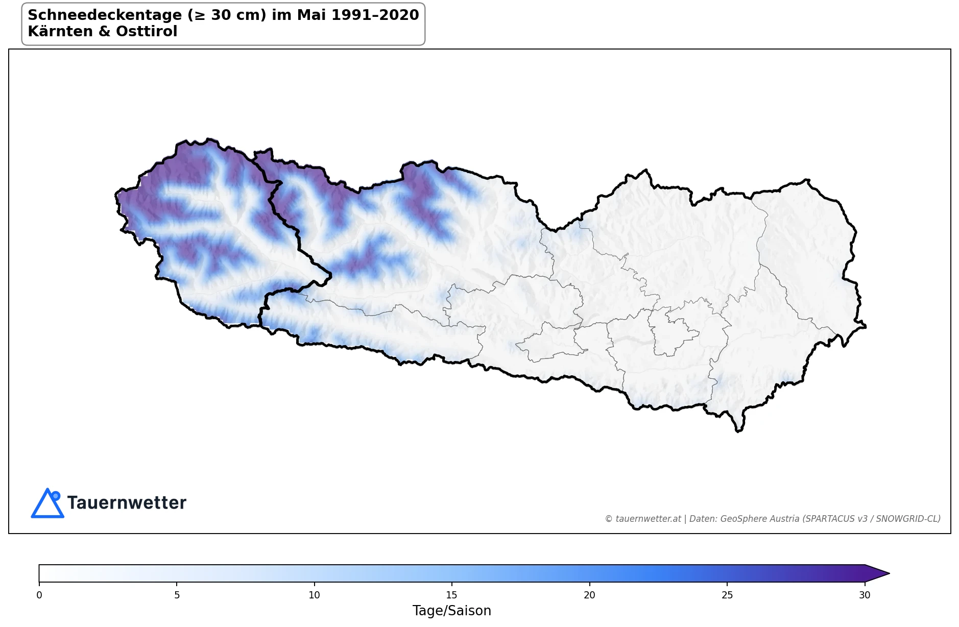 Klimakarte Schneedeckentage (≥ 30 cm), Mai 1991–2020 in Kärnten und Osttirol