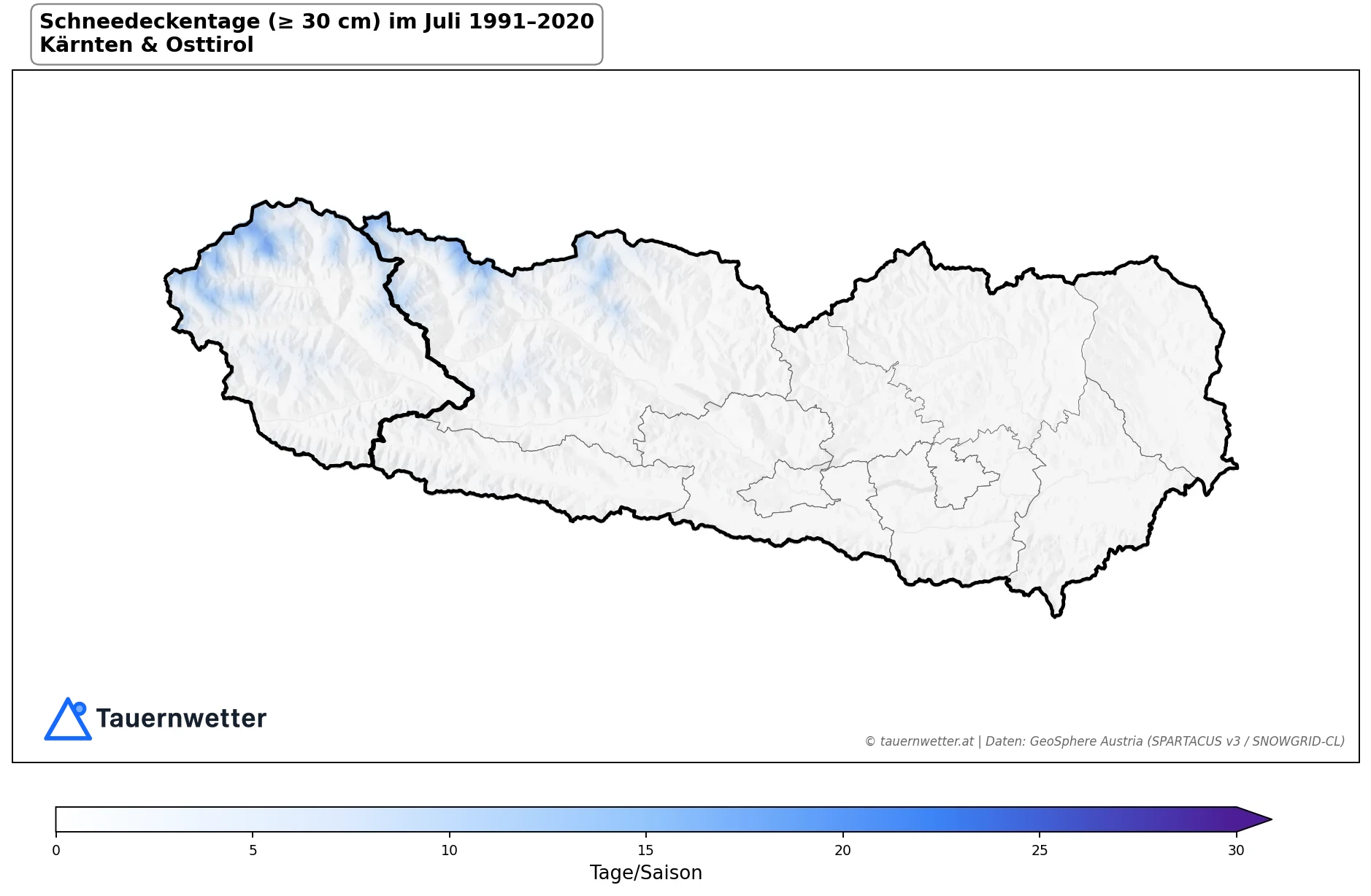 Klimakarte Schneedeckentage (≥ 30 cm), Juli 1991–2020 in Kärnten und Osttirol