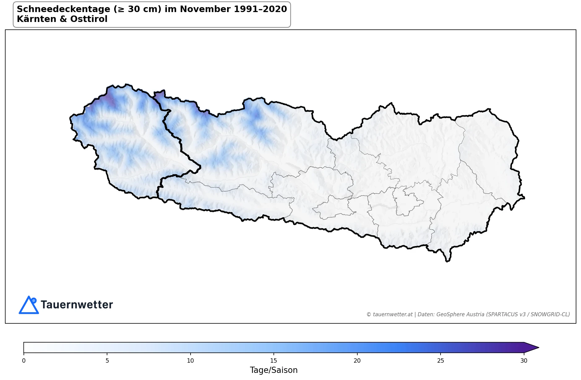 Klimakarte Schneedeckentage (≥ 30 cm), November 1991–2020 in Kärnten und Osttirol