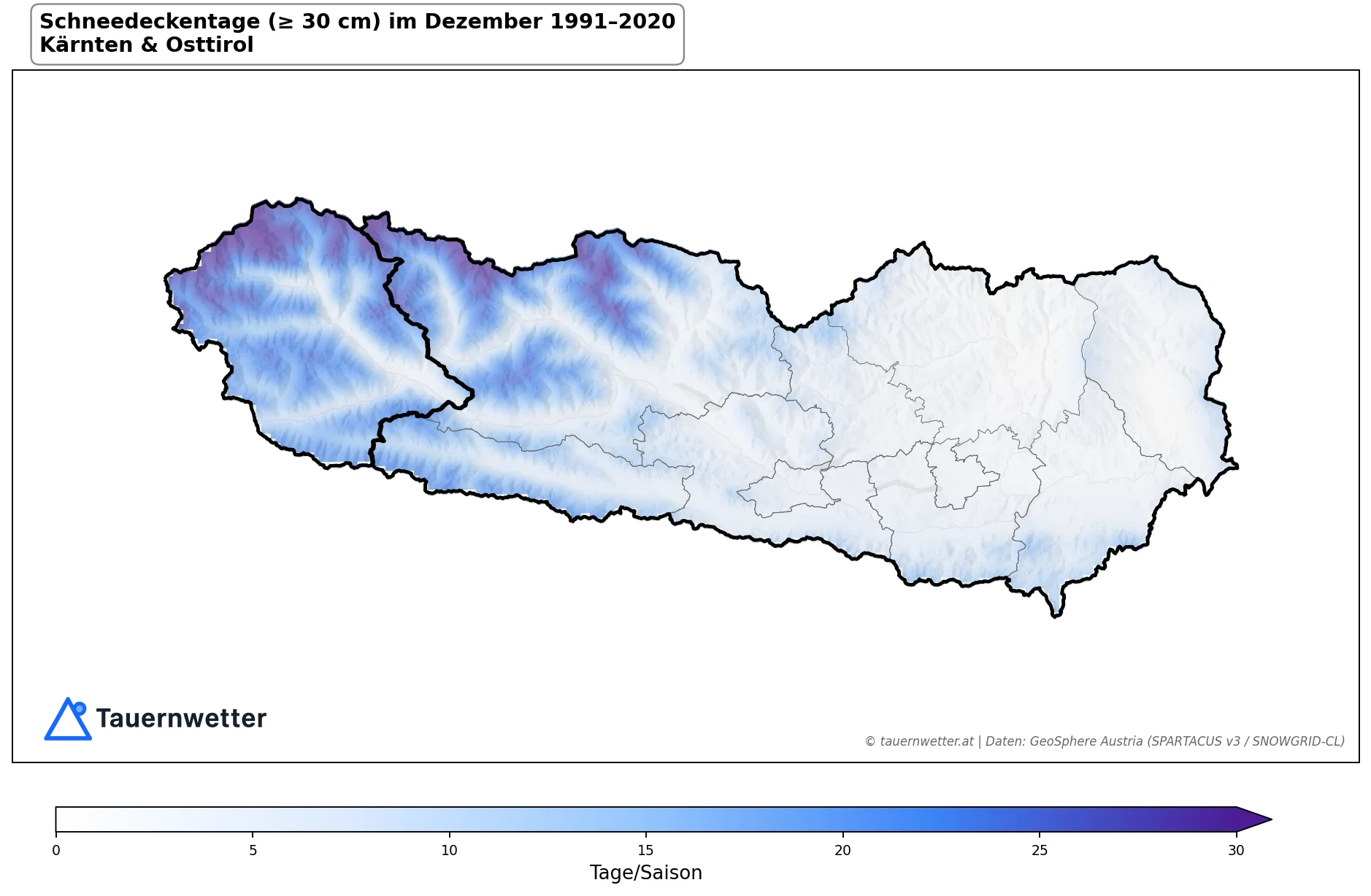 Klimakarte Schneedeckentage (≥ 30 cm), Dezember 1991–2020 in Kärnten und Osttirol