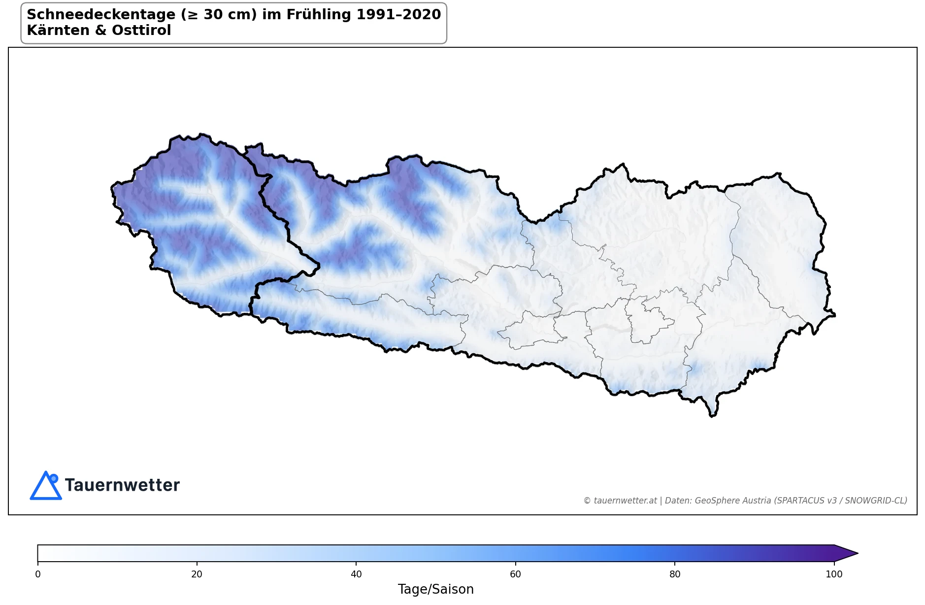 Klimakarte Schneedeckentage (≥ 30 cm), Frühling (MAM) 1991–2020 in Kärnten und Osttirol