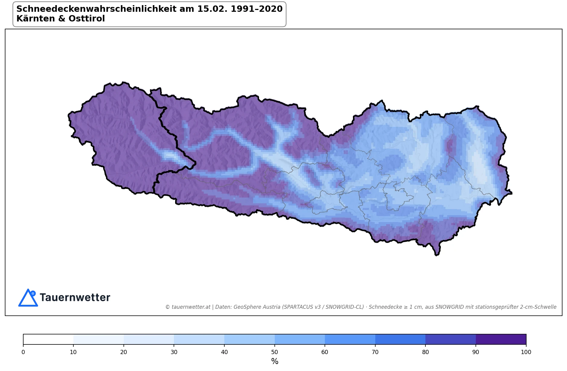 Klimakarte Schneedeckenwahrscheinlichkeit am 15.02., Jahr 1991–2020 in Kärnten und Osttirol