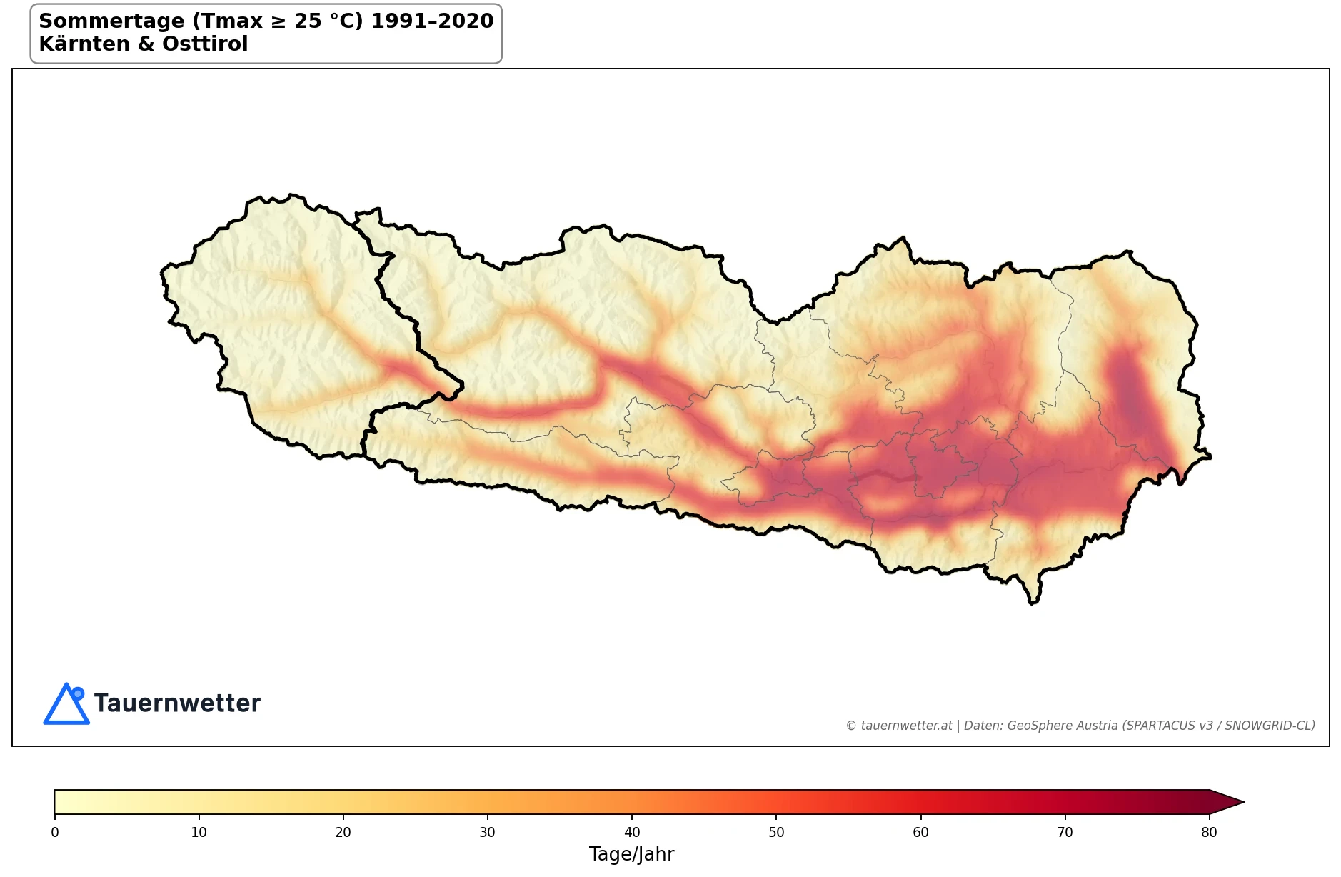 Klimakarte Sommertage (Tmax ≥ 25 °C), Jahr 1991–2020 in Kärnten und Osttirol