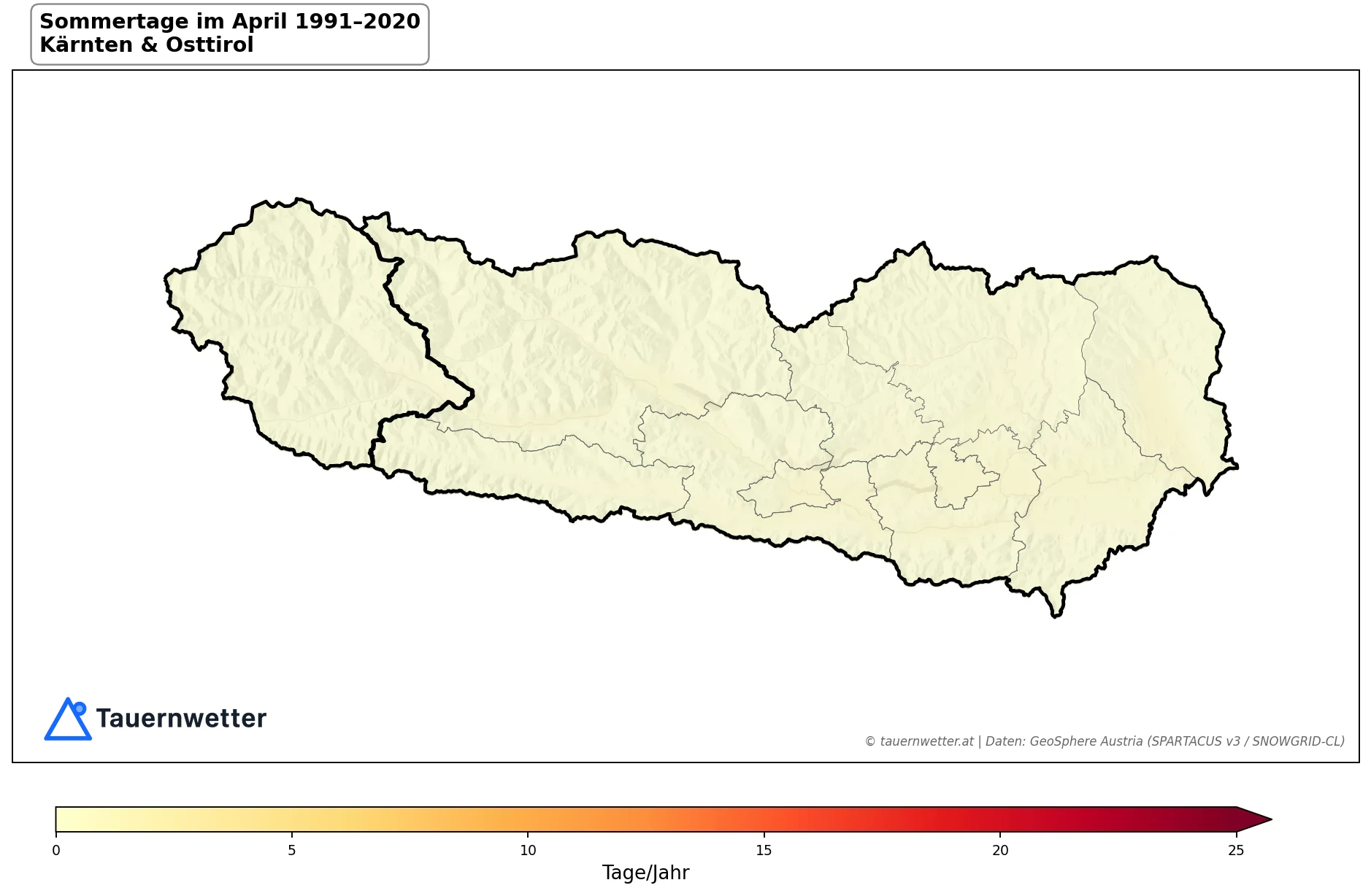 Klimakarte Sommertage (Tmax ≥ 25 °C), April 1991–2020 in Kärnten und Osttirol