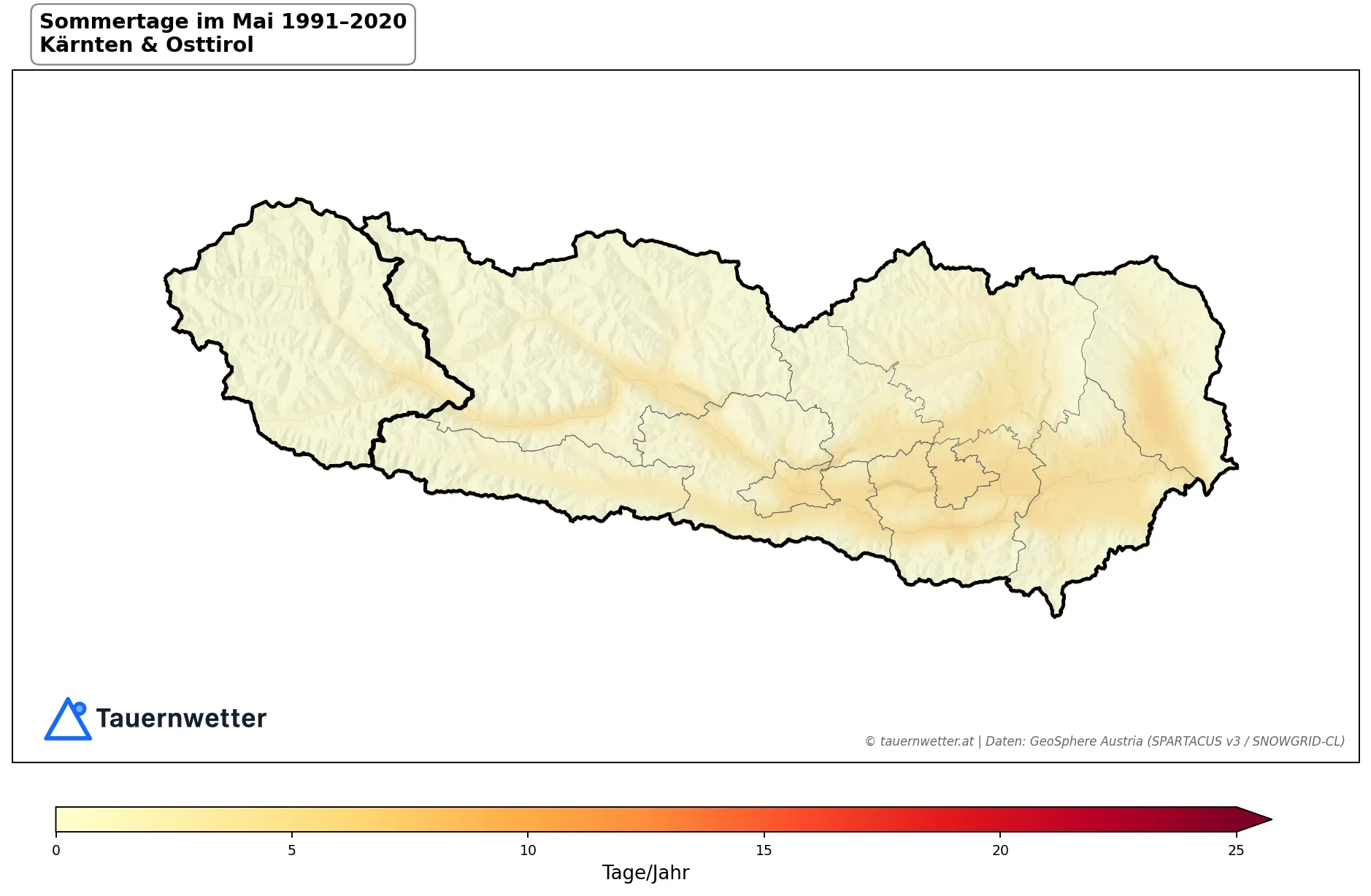 Klimakarte Sommertage (Tmax ≥ 25 °C), Mai 1991–2020 in Kärnten und Osttirol